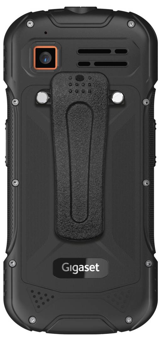 „Robustes schwarzes Telefon mit hinterer Kamera, Gürtelclip und strukturierter Rückseite. Gigaset-Branding am unteren Ende.