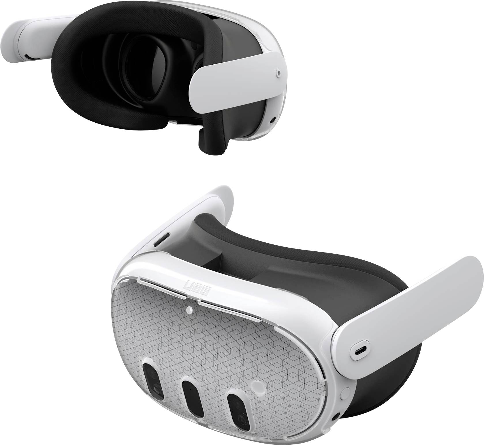 Zwei weiße VR-Headsets werden angezeigt, eines zeigt die Vorderseite mit Linsen, das andere zeigt die Rückseite mit sichtbaren Riemenanbringungen.