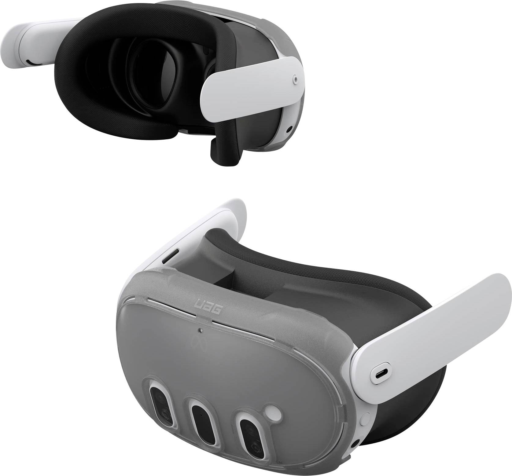 Virtual-Reality-Headset mit Vorder- und Draufsicht; Merkmale sind schlankes Design und mehrere Linsenöffnungen für ein immersives Erlebnis.