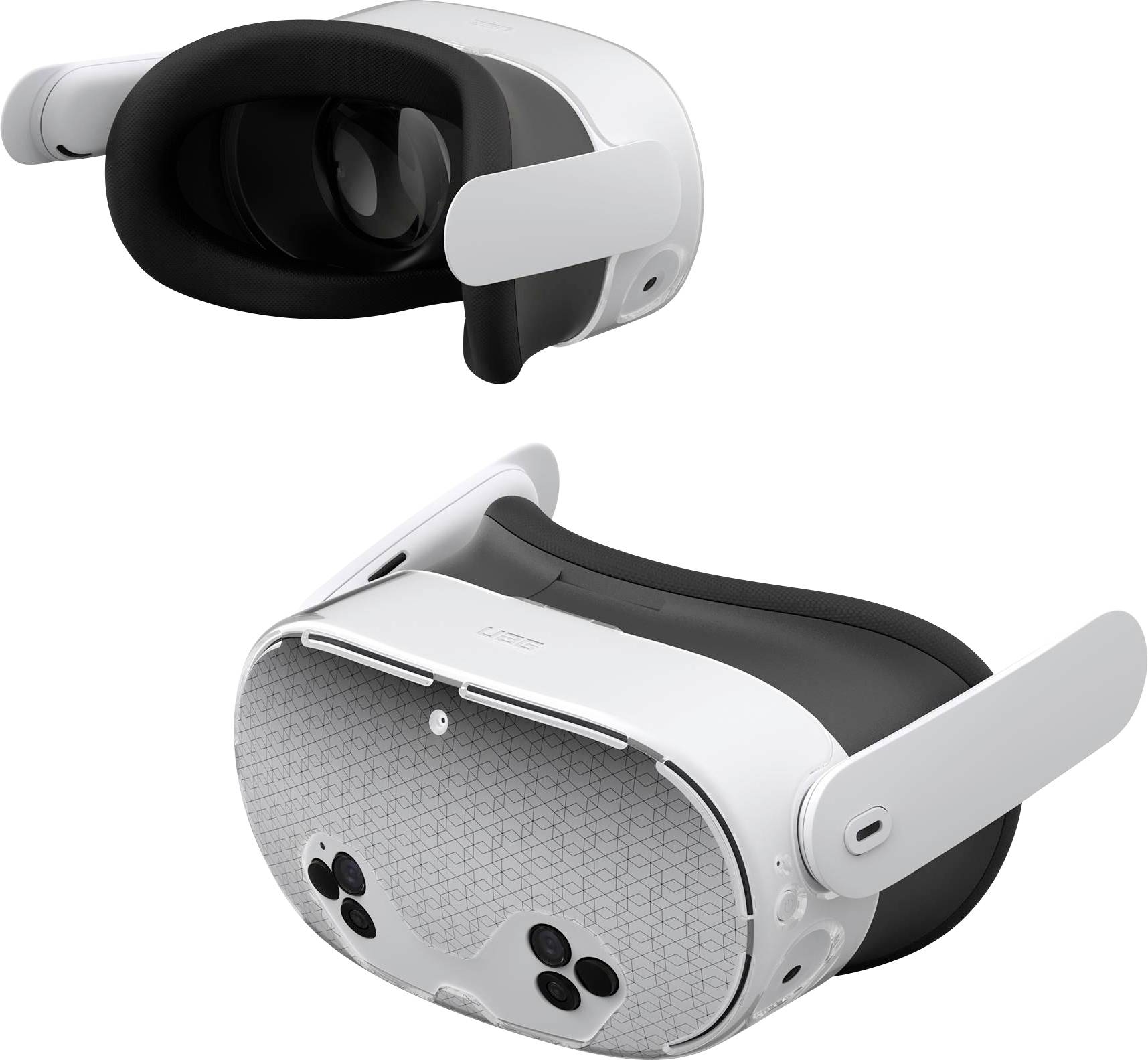 Ein weißes VR-Headset mit schwarzem Innenleben und vier Kamerasensoren an der Vorderseite, mit einem strukturiertem Oberflächendesign.