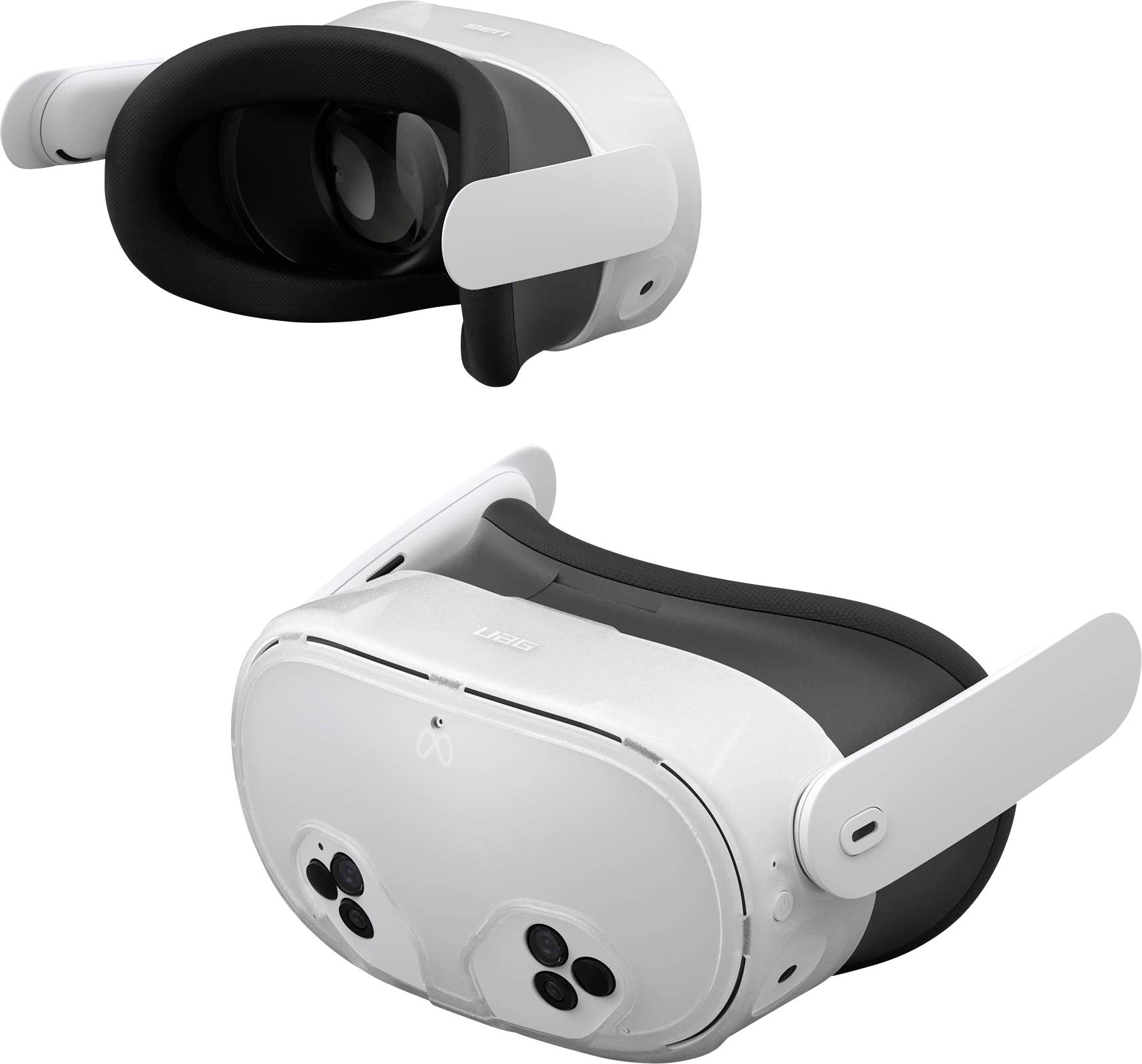 Ein weißes Virtual-Reality-Headset mit schwarzer Polsterung und Kameras an der Front, von zwei Winkeln gezeigt.