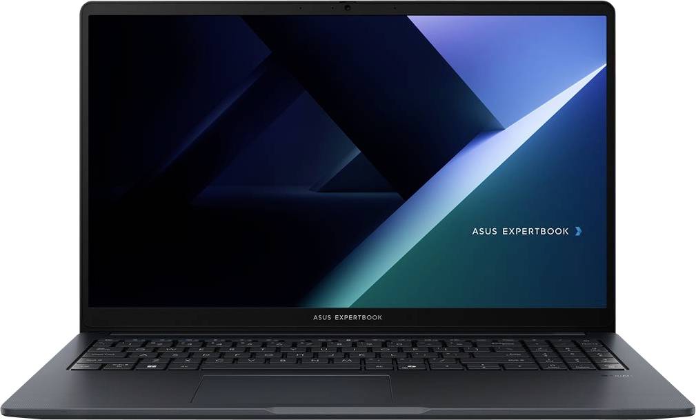 Ein eleganter ASUS-Laptop mit einem Display, das ein blaues und schwarzes abstraktes Design zeigt. Der Name „ASUS ExpertBook