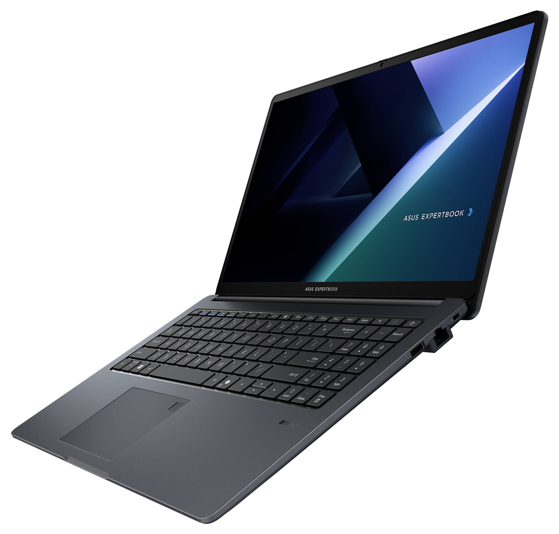 Ein eleganter schwarzer Laptop mit großem Bildschirm, auf dem eine blaue abstrakte Grafik angezeigt wird. Der Laptop ist in einem Winkel geöffnet und zeigt die Tastatur.