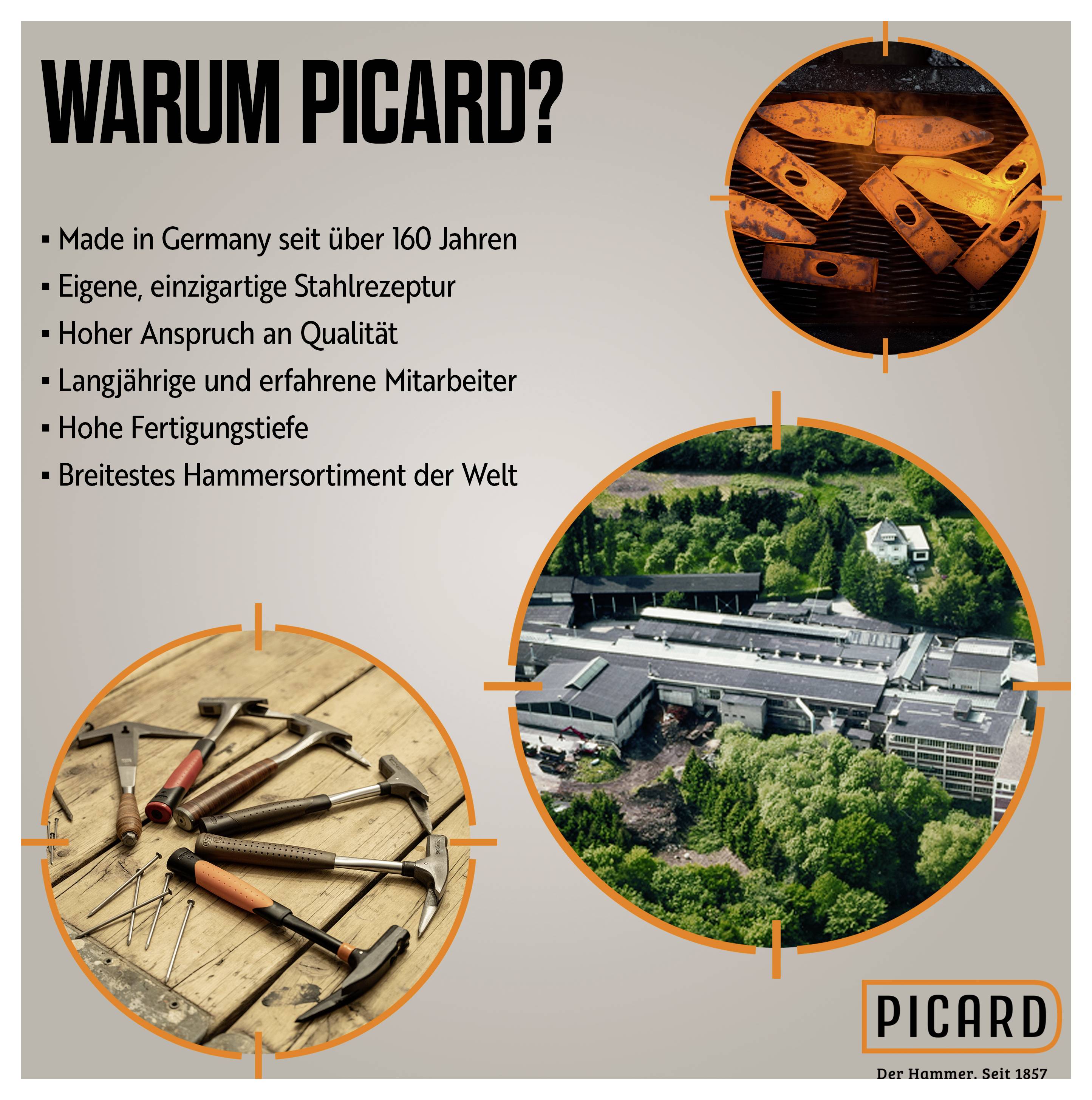 'Warum Picard?' Informationstext über Picard-Hämmer: hergestellt in Deutschland, einzigartige Stahlrezeptur, hoher Qualitätsanspruch. Bild von Hämmern und Produktionsstätte.