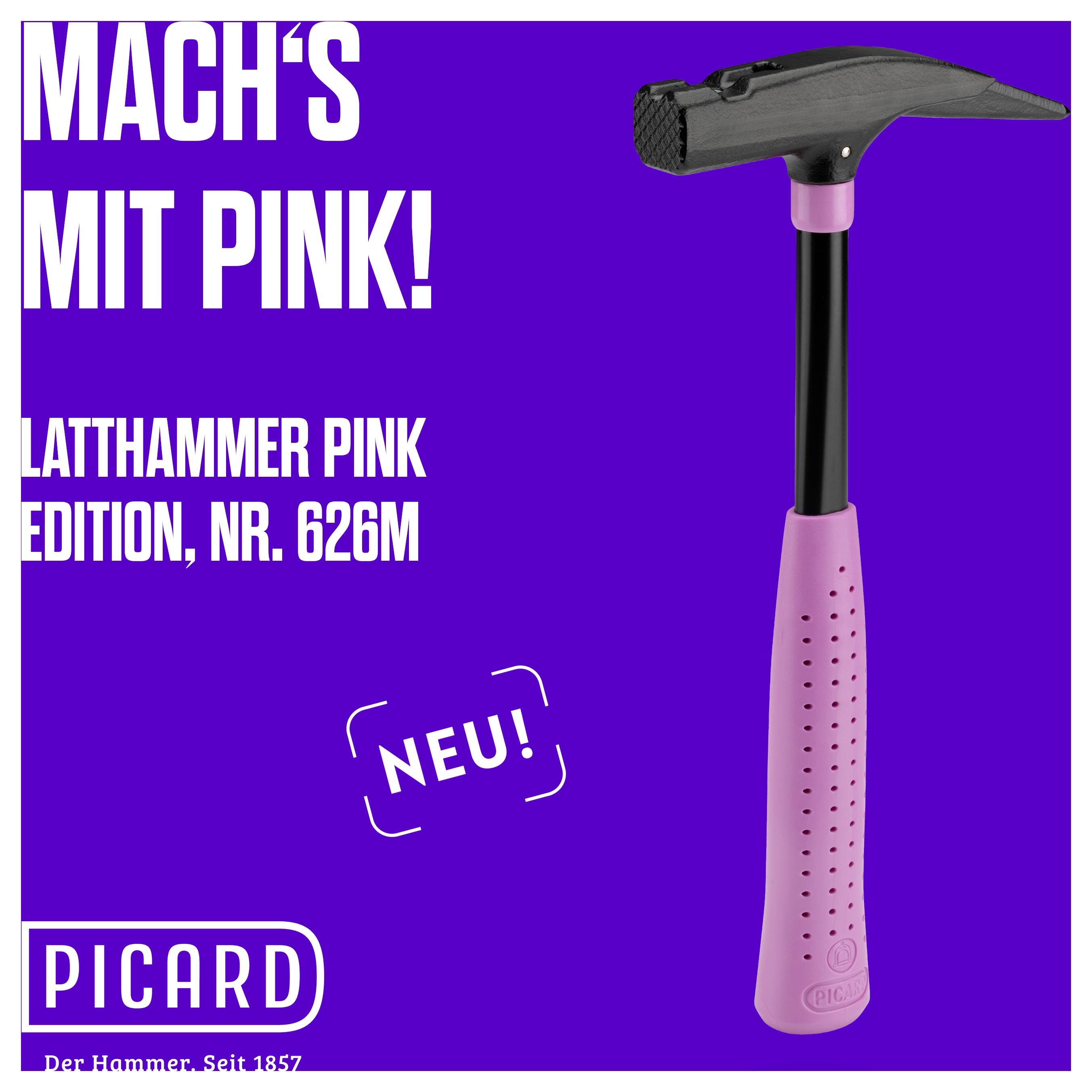 'Mach's mit Pink! Lathammer Pink Edition, Nr. 626M. Neu!' zeigt einen pinkfarbenen Hammer vor einem violetten Hintergrund mit dem Picard-Logo.