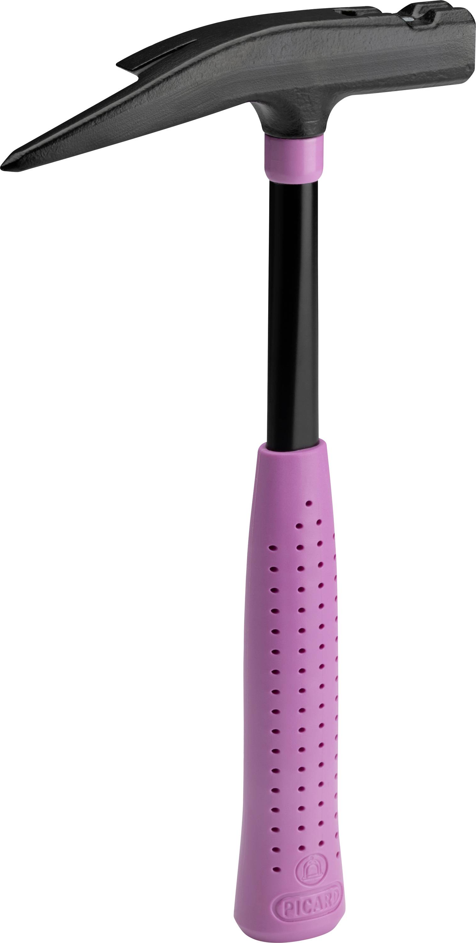 Ein schwarzer Trockenbauhammer mit scharfem, spitzem Ende und rosafarbenem Griff, konzipiert für komfortable Griffigkeit und Stoßdämpfung.