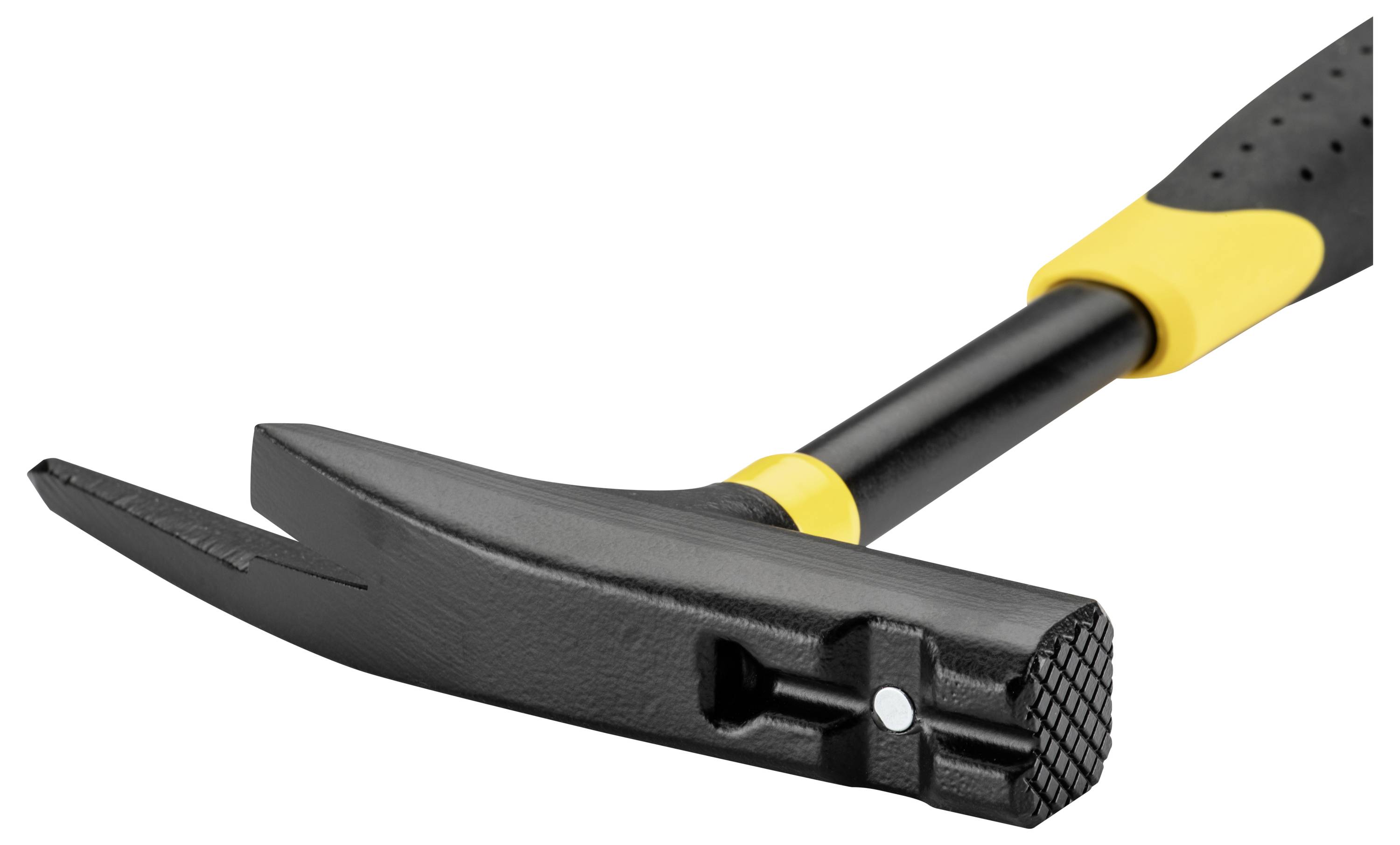 Ein schwarz-gelber Brecheisen mit spitzer Kralle und Hammerkopf ruht auf weißem Hintergrund.