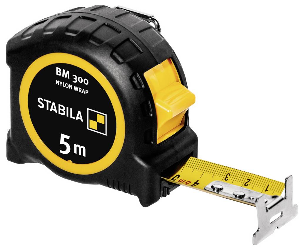 Ein schwarz-gelbes Stabila-Stahllineal mit einem teilweise ausgefahrenem, 5-Meter-Nylonumwickeltem Stahlband und robustem Gummigehäuse.