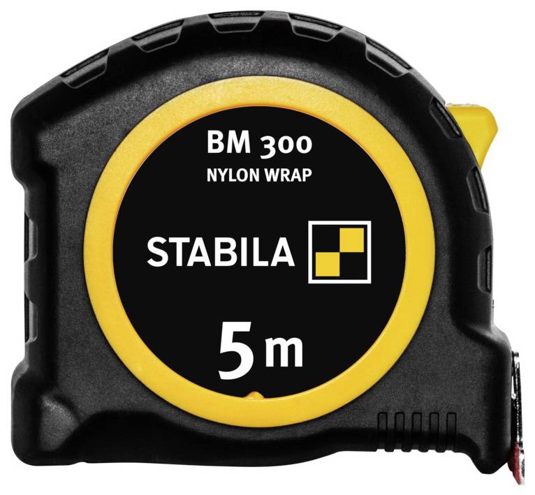 Ein schwarzes und gelbes Stahllineal der Marke Stabila mit der Bezeichnung „BM 300 Nylon Wrap