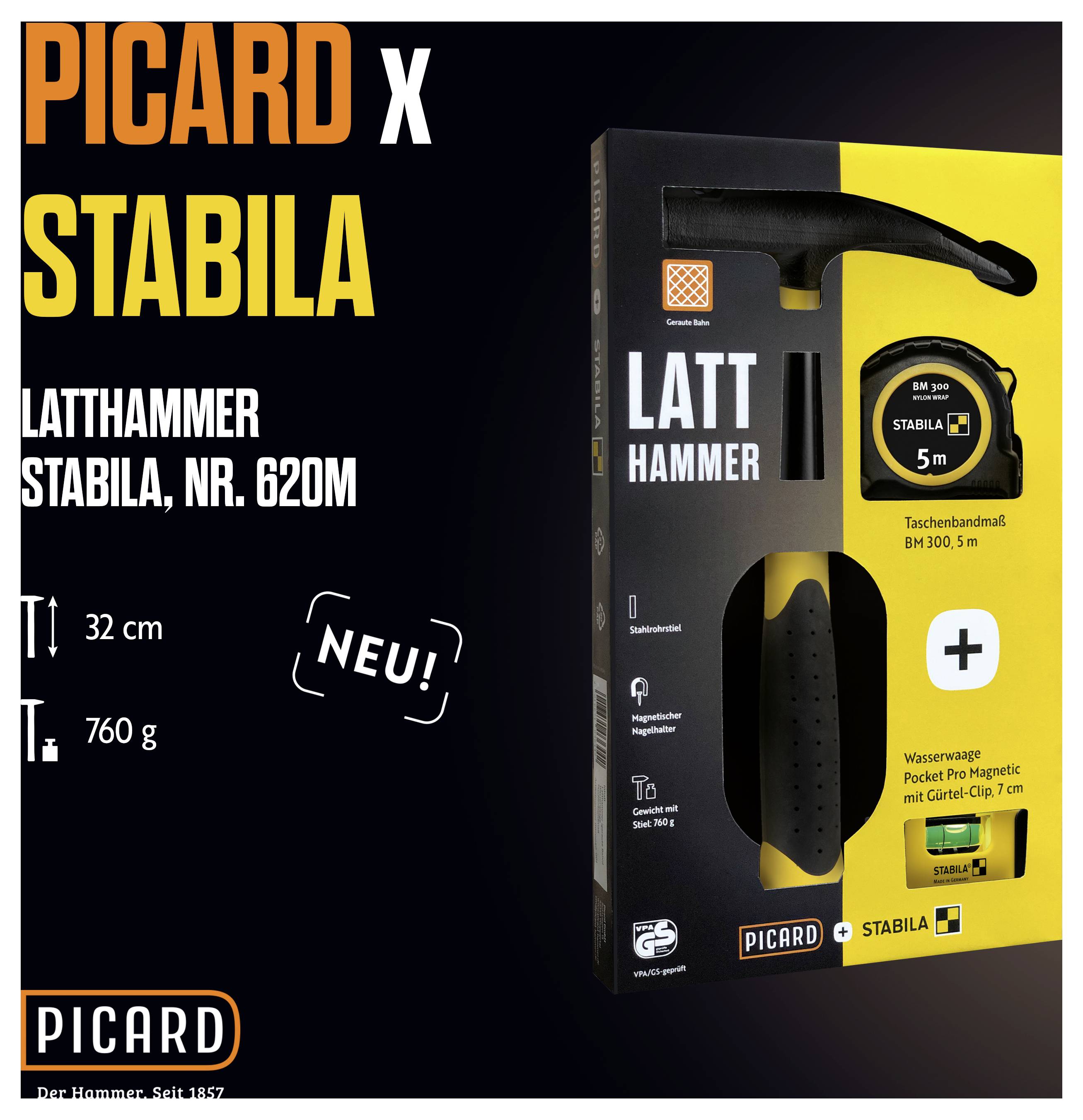 'PICARD x STABILA Latt Hammer' Set mit Latthammer und 5m Maßband. Maße: 32 cm, Gewicht: 760 g. Wasserwaage und Gürtelclip inklusive. Neu.