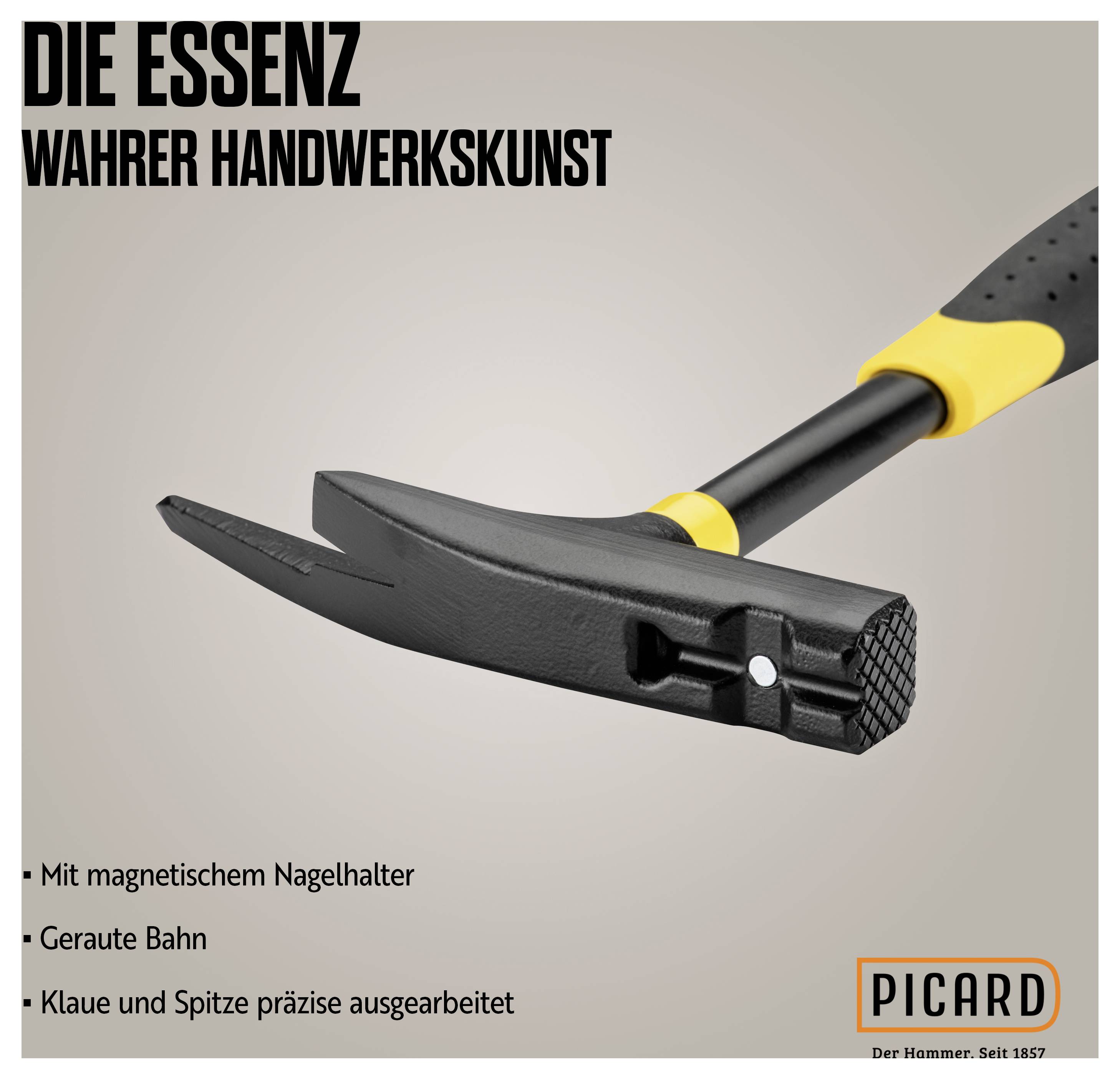 Ein Hammer mit magnetischem Nagelhalter, gerauter Bahn und präzise gearbeiteter Spitze. Text: 'Die Essenz wahrer Handwerkskunst'.