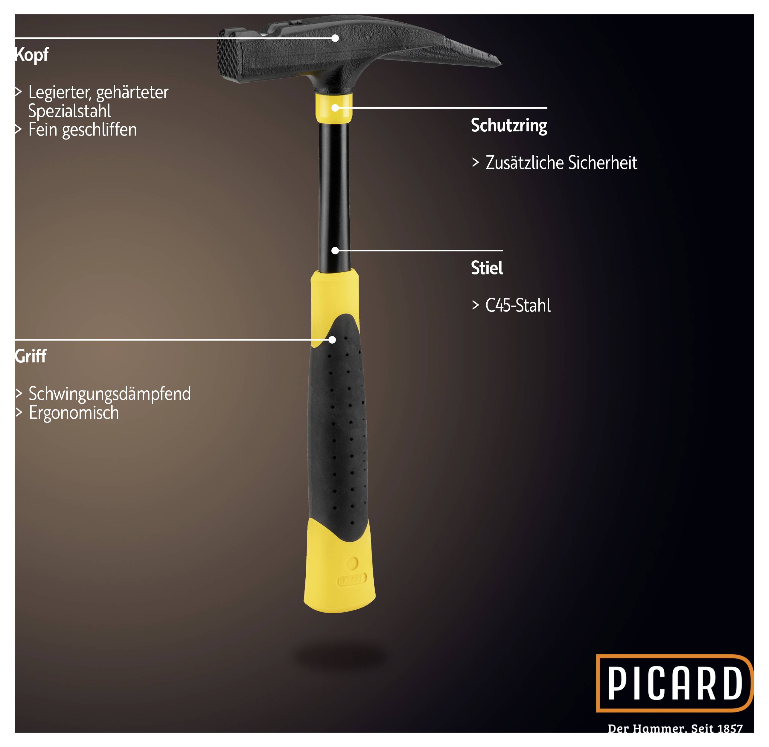 Hammer von Picard mit ergonomischem, schwingungsdämpfendem Griff, legiertem Stahlschaft und gehärtetem Kopf für zusätzliche Sicherheit.