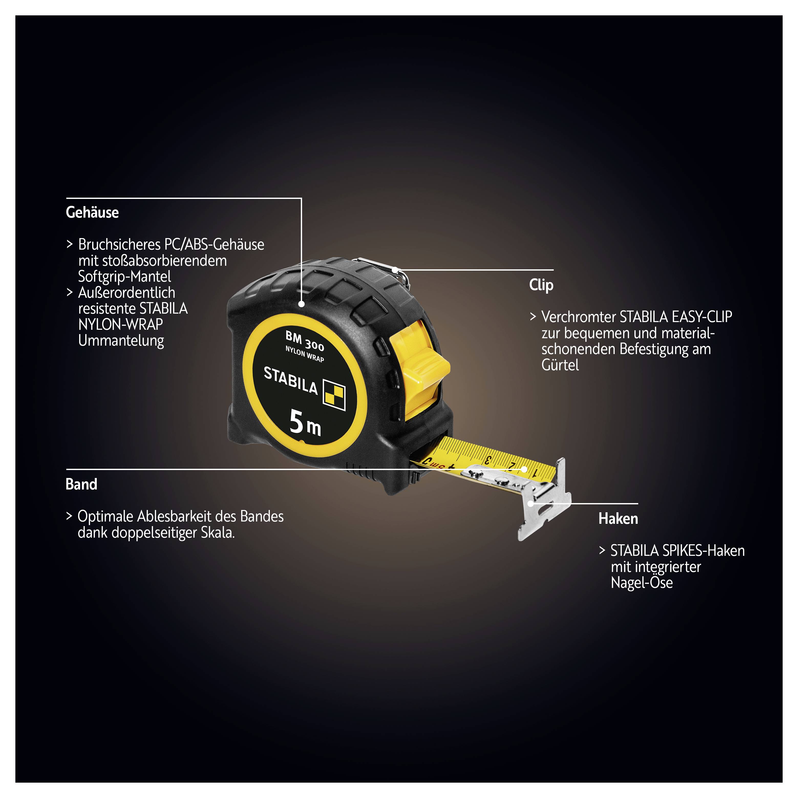 'STABILA BM 300' Maßband mit bruchsicherem Gehäuse, 5 m lang. Nylon-beschichtetes Band, Clip für einfache Befestigung, Haken mit Spikes.