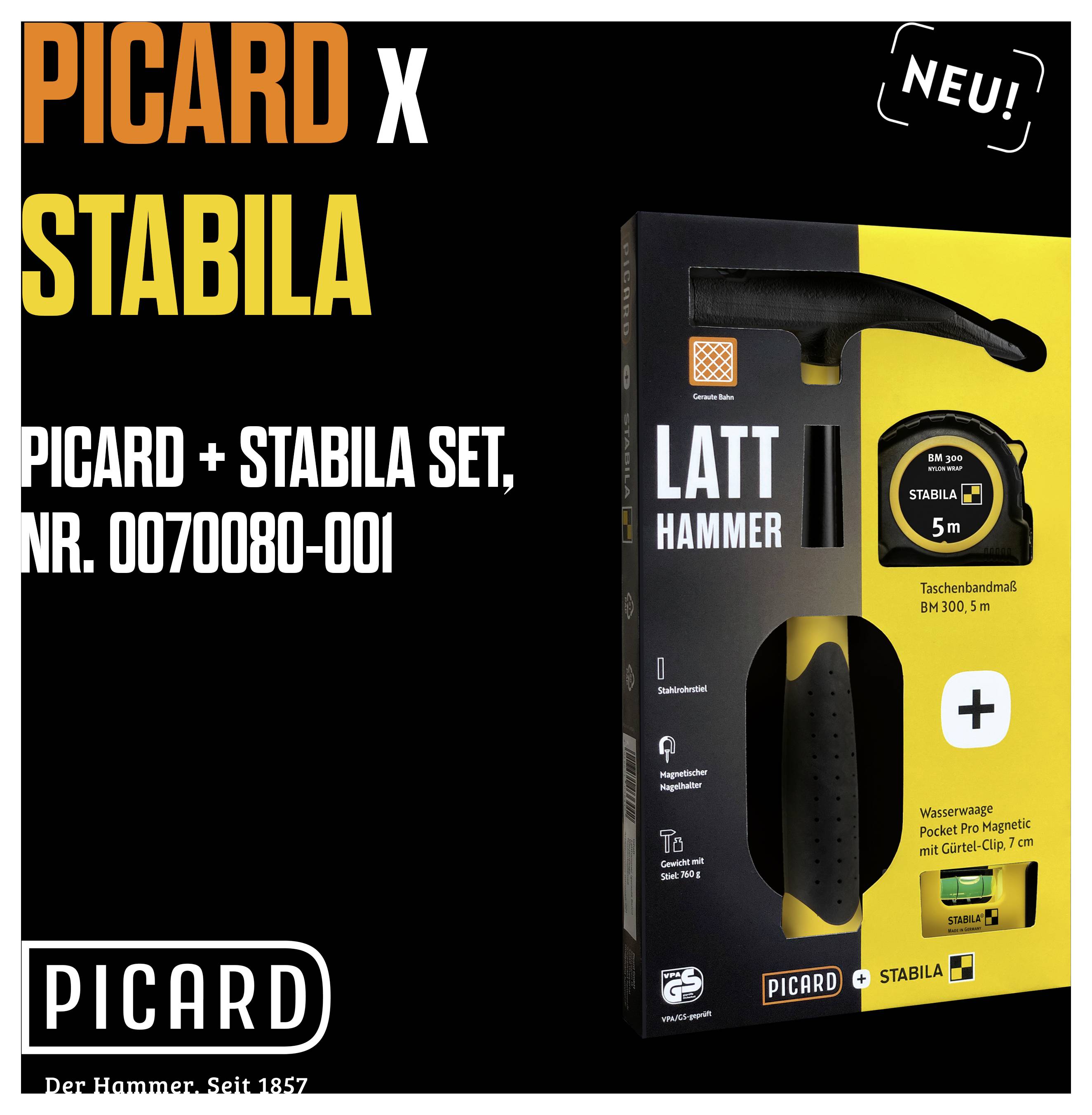 'PICARD x STABILA' Werkzeugset inkl. Latt- und Taschenhammer, gelbes Maßband. Aufschrift: 'PICARD + STABILA SET, NR. 0070080-001'.