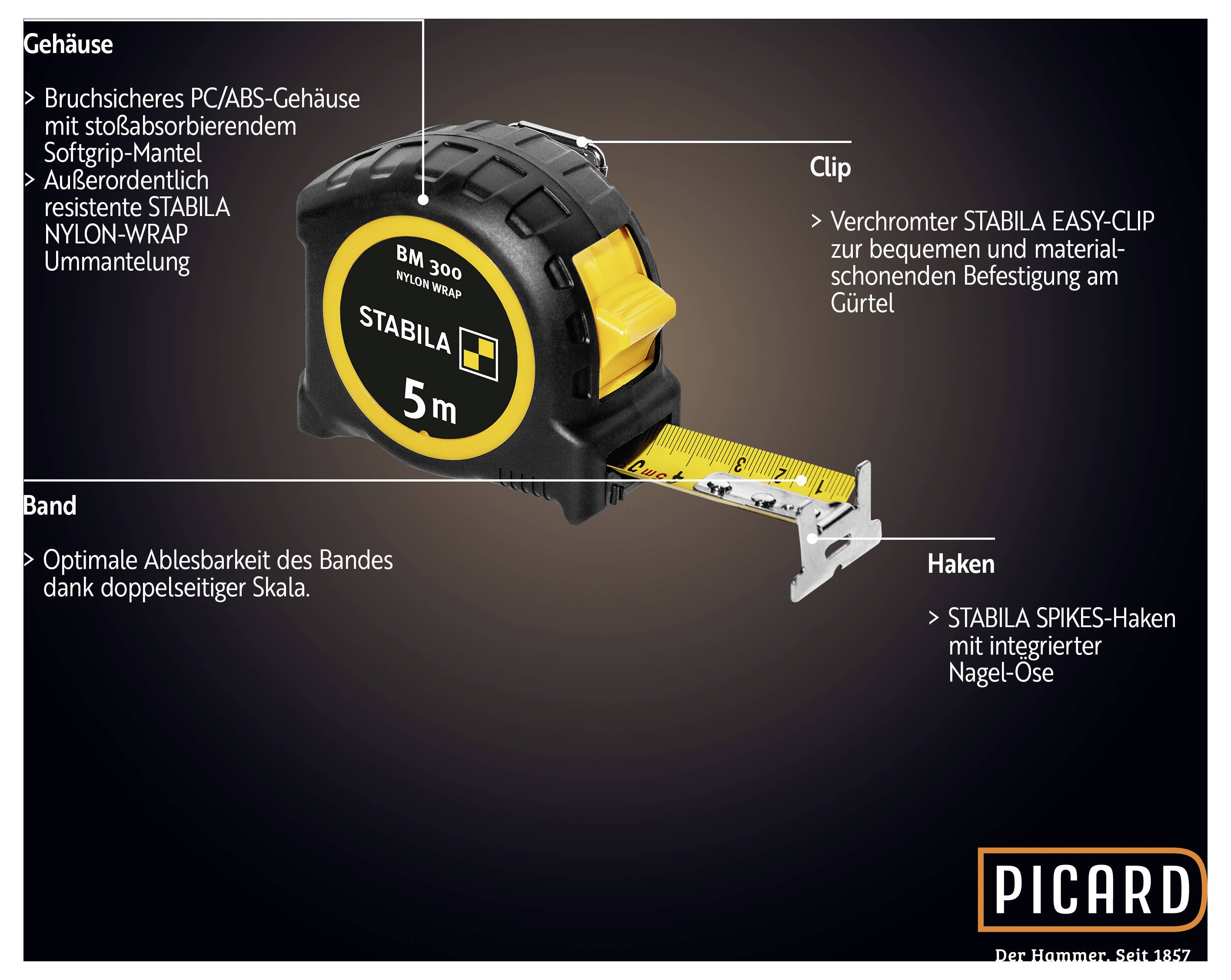 'Maßband STABILA BM 300' mit 5 Metern Länge. Text hebt Clip, Haken und Gehäusemerkmale hervor. Marke 'PICARD' unten rechts.