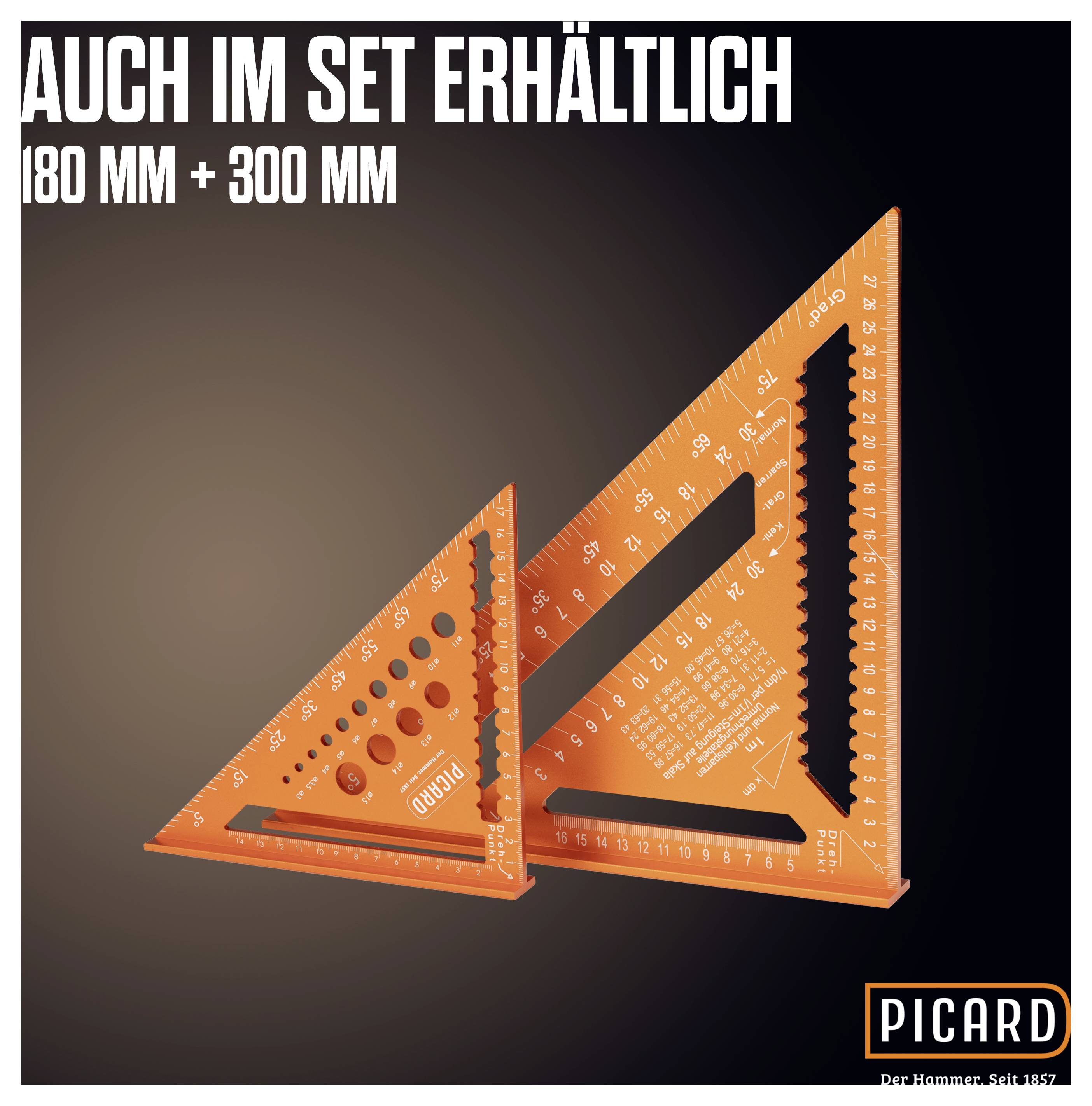 Zwei orange dreieckige Messwerkzeuge unterschiedlicher Größe mit Skalen und Löchern. Aufschrift oben links: 'Auch im Set erhältlich 180 mm + 300 mm'.