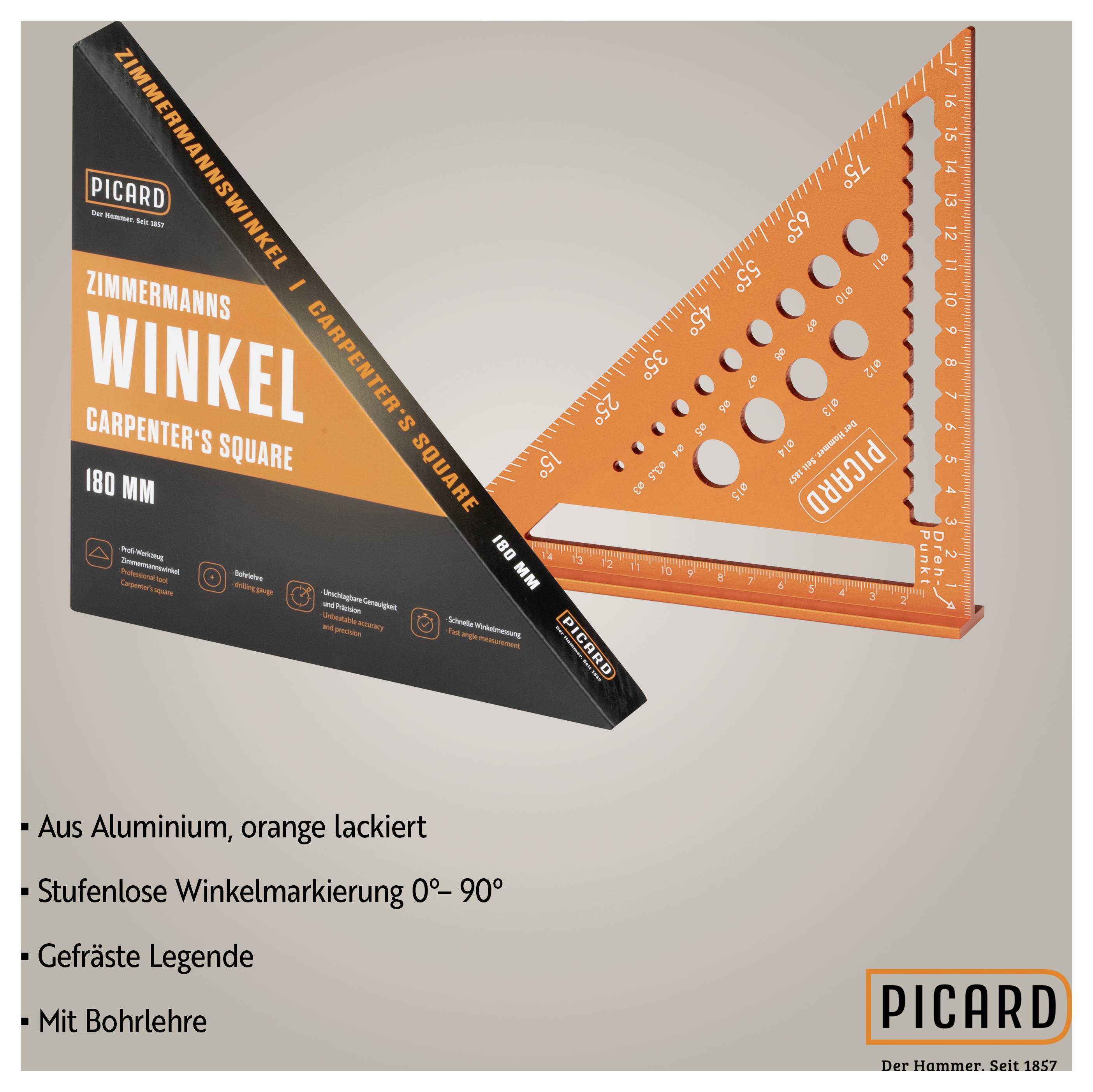 Ein orange lackierter Zimmermannswinkel aus Aluminium mit stufenloser Winkelmarkierung von 0° bis 90°, gefräste Legende.