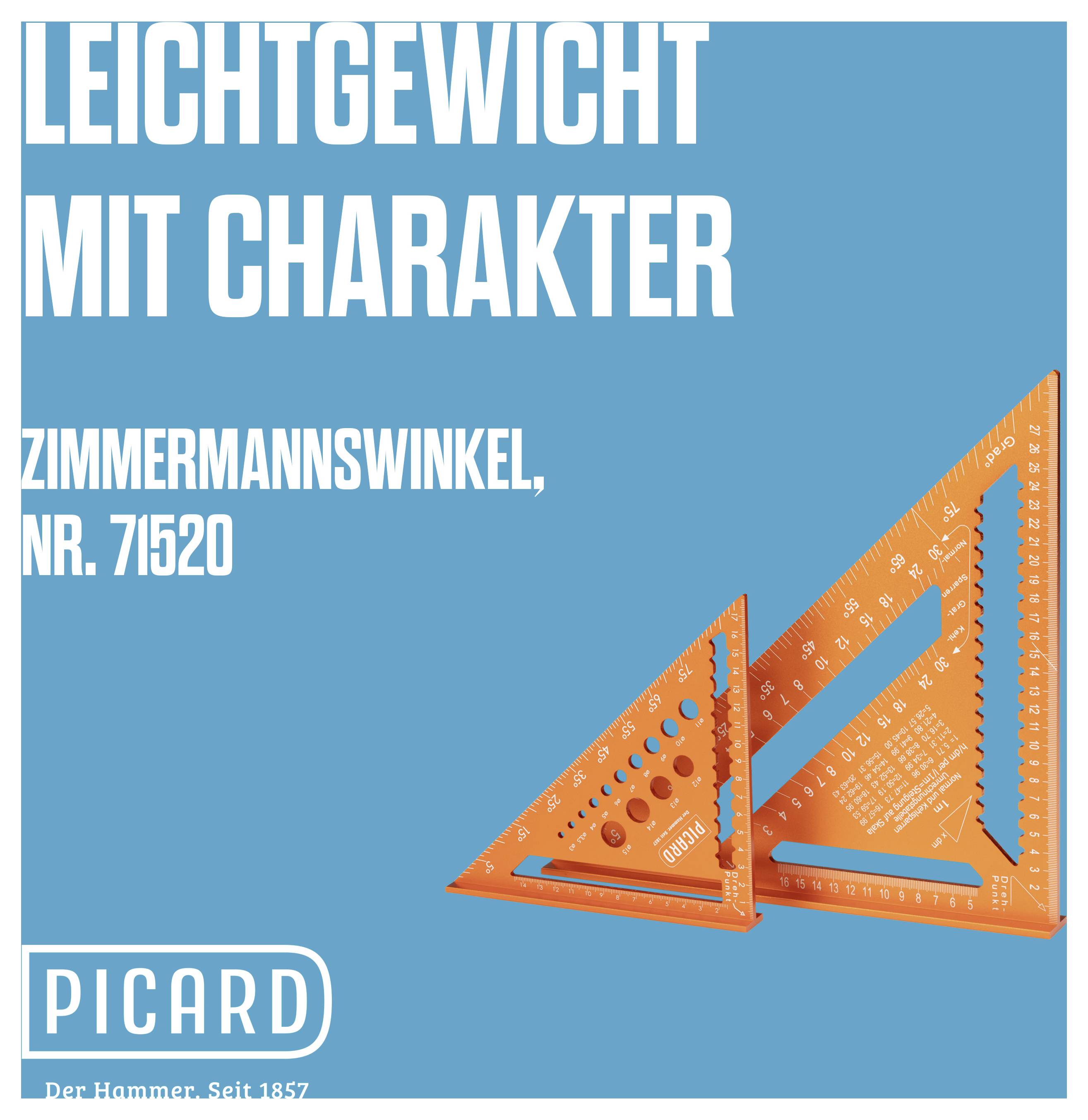 „Leichtgewicht mit Charakter“. Zwei orange Zimmermannswinkel, Nr. 71520, vor blauem Hintergrund. Logo: PICARD Der Hammer. Seit 1857.