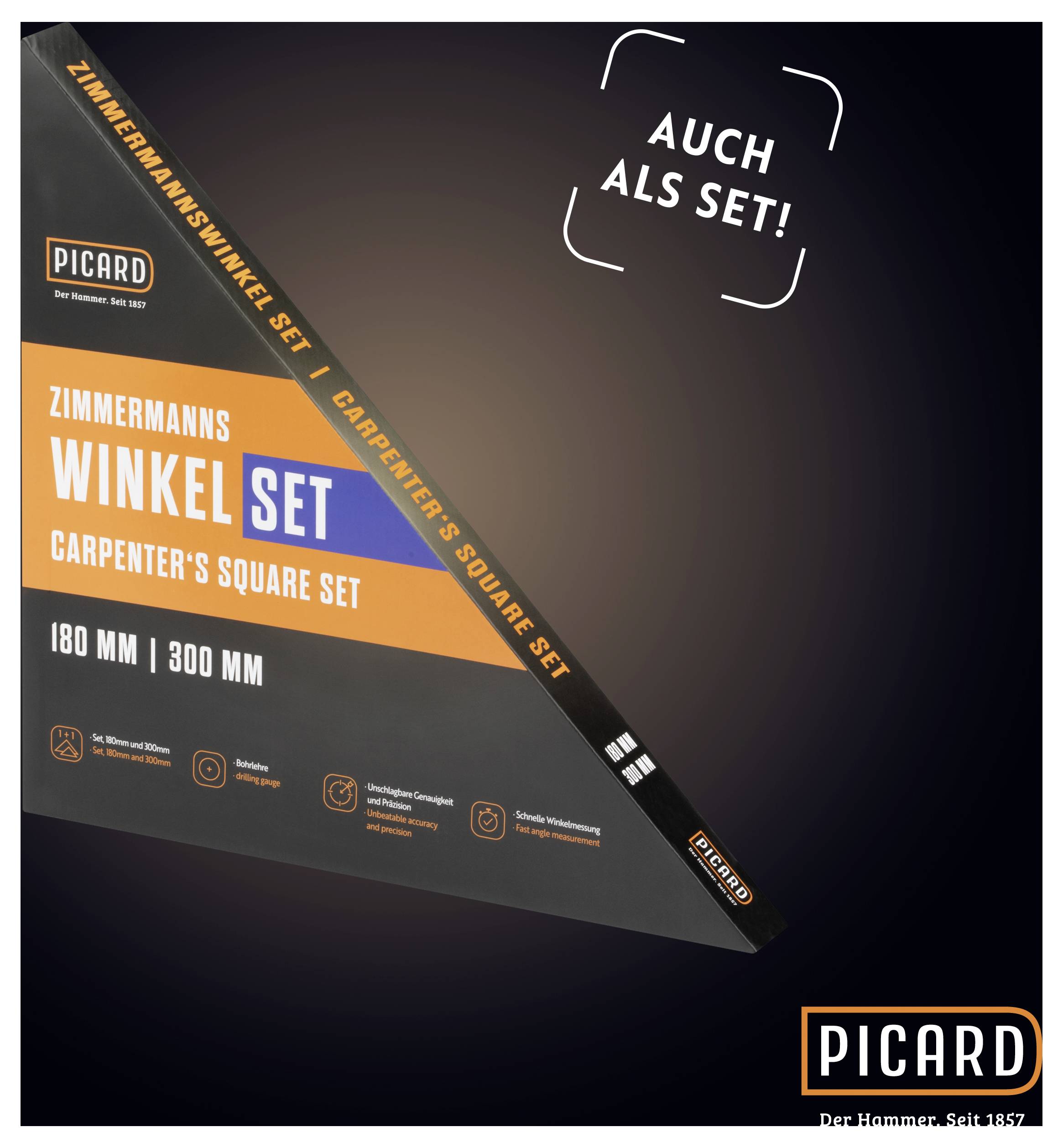 Zimmermanns-Winkel-Set von Picard, inklusive 180 mm und 300 mm Winkeln. Hinweis: 'Auch als Set!' in der oberen rechten Ecke.