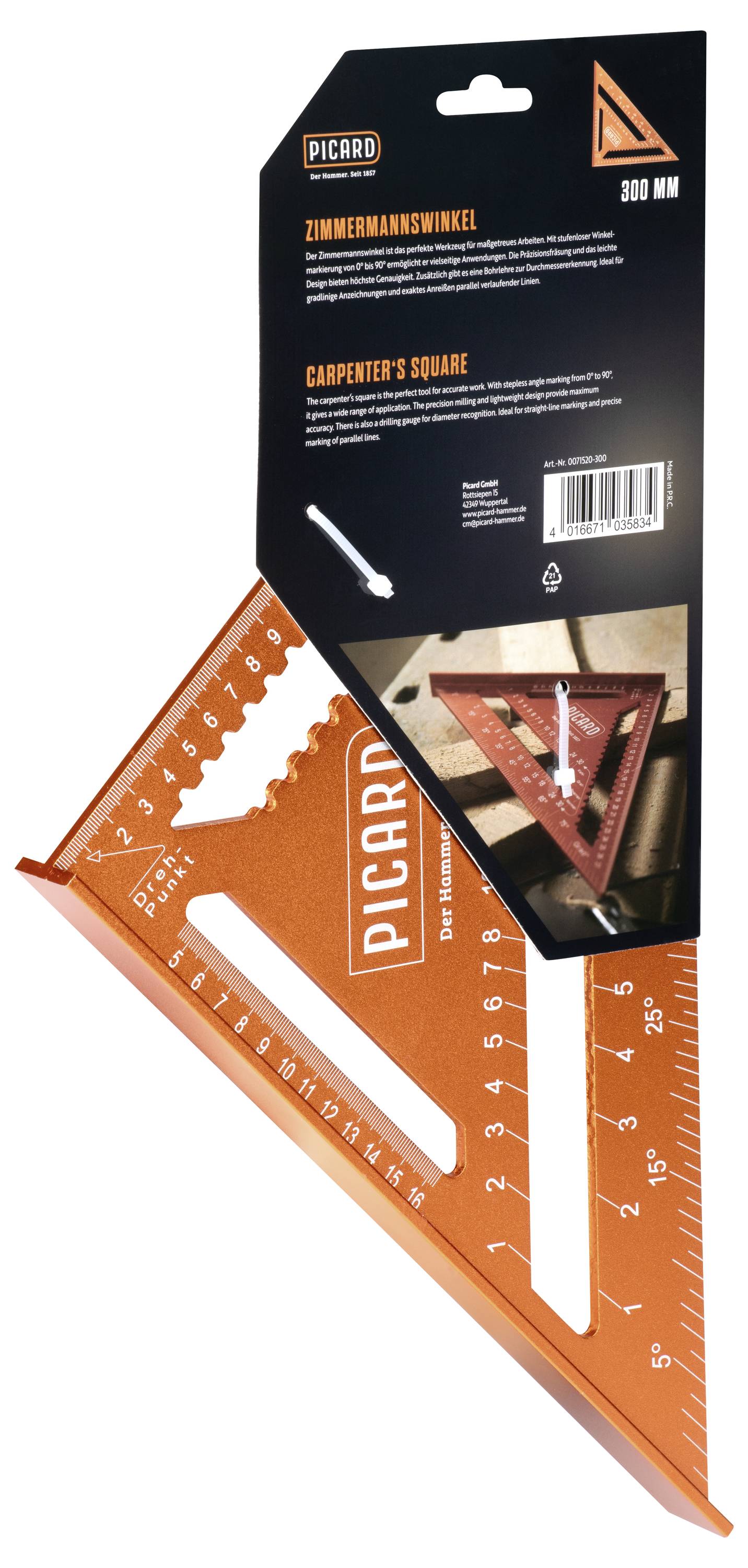 Orangefarbenes Zimmermannswinkel von Picard, markiert in Zentimetern und Zoll, zum Messen und Kennzeichnen von Winkeln verwendet. Die Verpackung zeigt ein Produktbild.