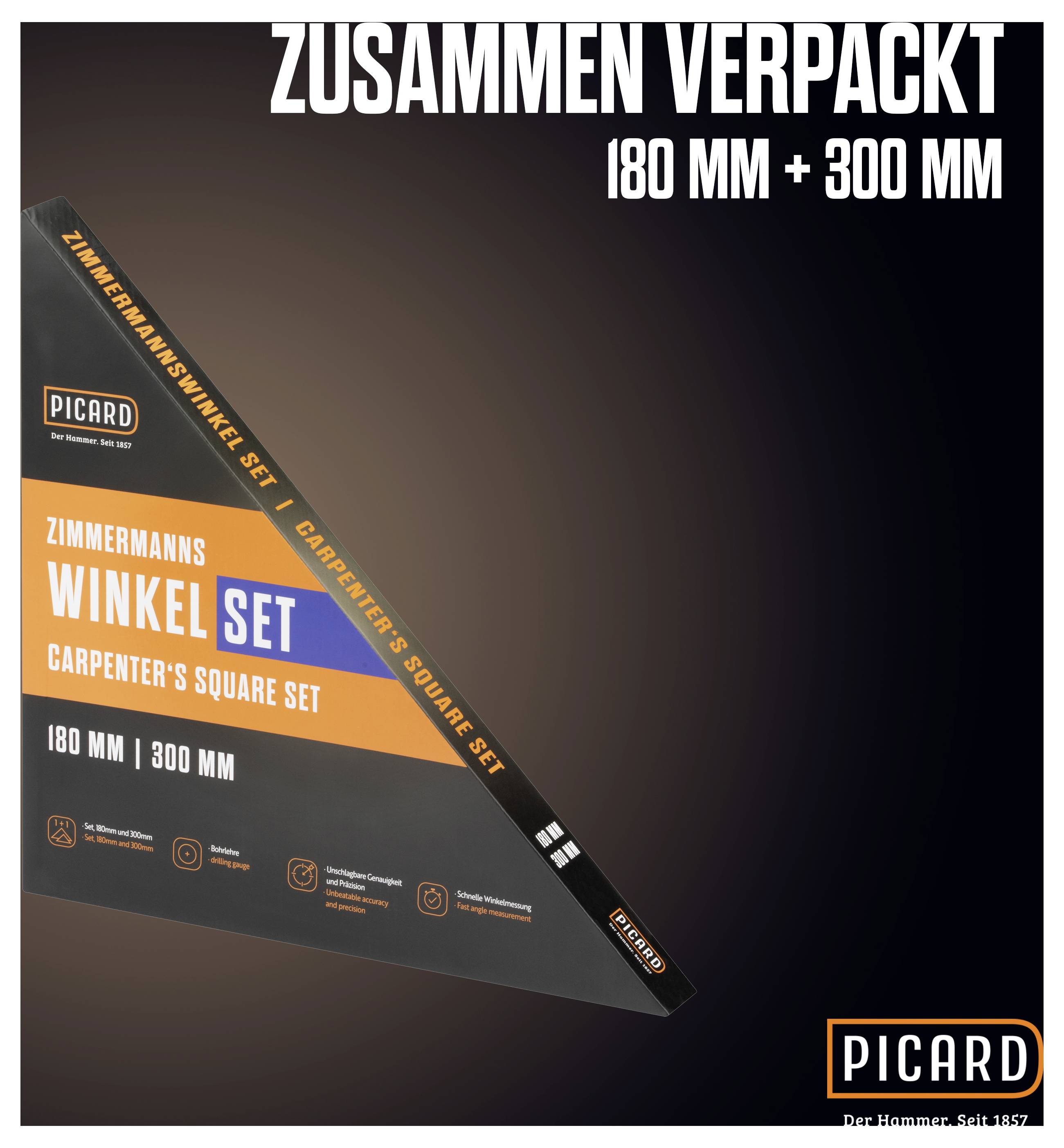 'Zusammen verpackt: 180 mm + 300 mm, Zimmermanns-Winkel-Set von Picard' zeigt ein Set von zwei Winkeln für Tischlerarbeiten.
