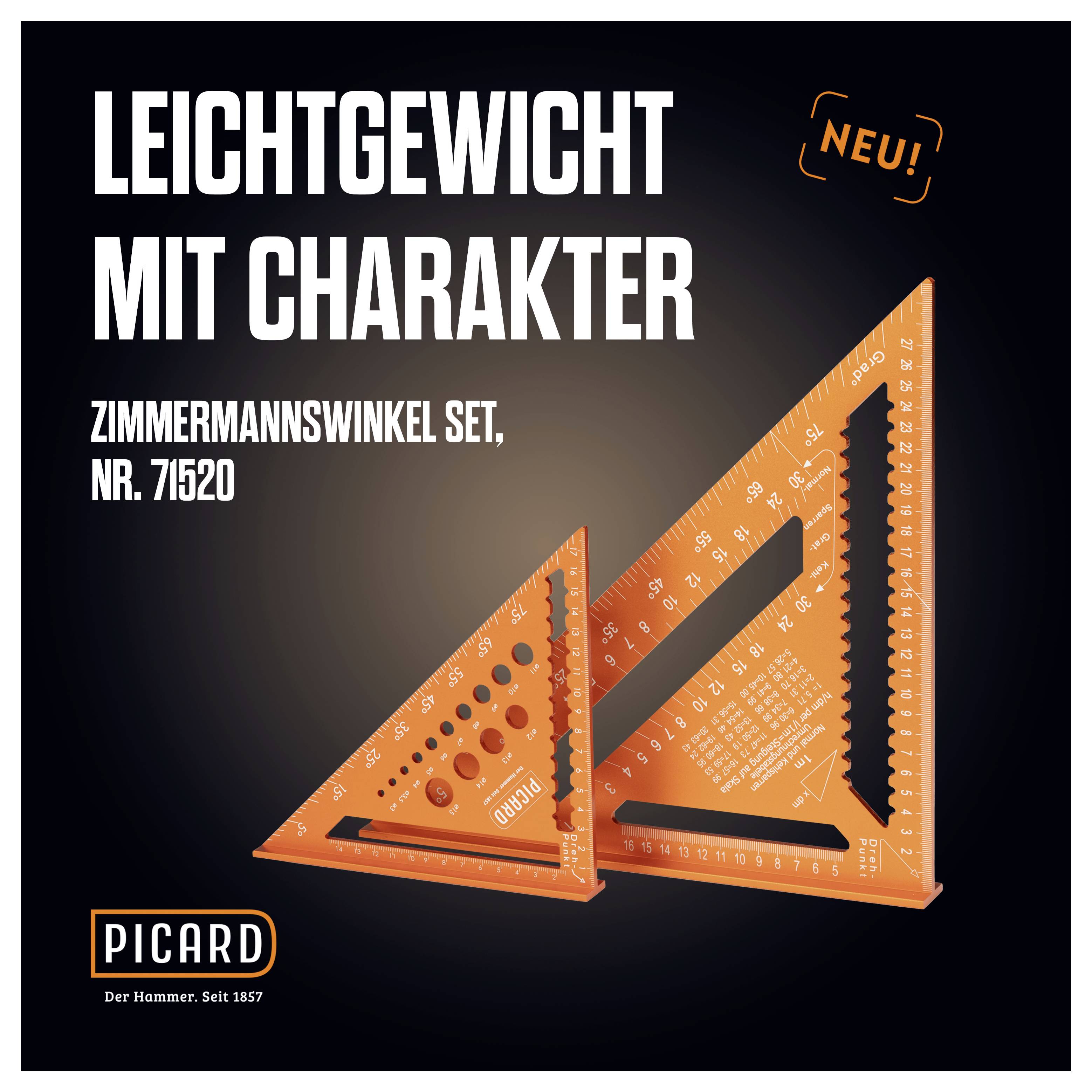 Leichtgewichtiges Zimmermannswinkel-Set in Orange, angepriesen als neu. Produktname: Nr. 71520 von Marke Picard.