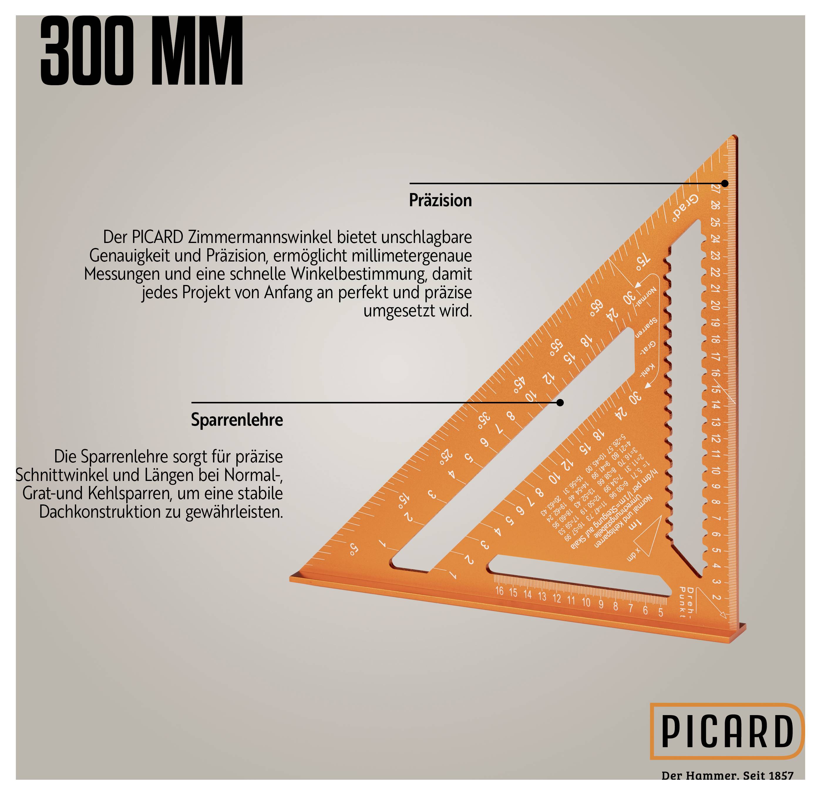 Ein orangefarbener Winkelmesser von PICARD mit Präzisionsskala und Beschriftungen für millimetergenaue Schnitte im Handwerk.