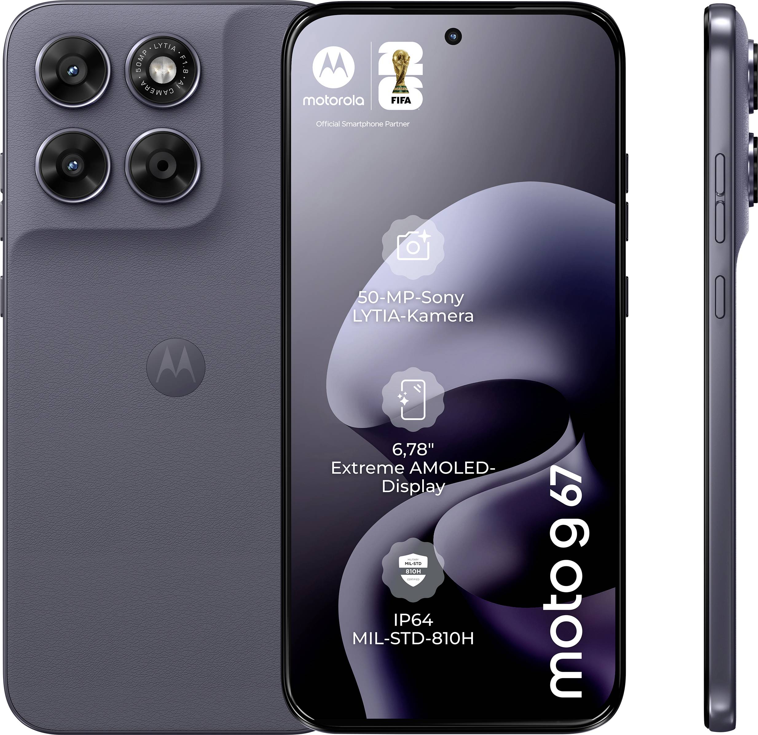 Vorder- und Seitenansichten des Motorola Moto G67 Telefons mit einer 50MP Sony-Kamera, 6,7-Zoll-AMOLED-Display und IP64-Schutzart.
