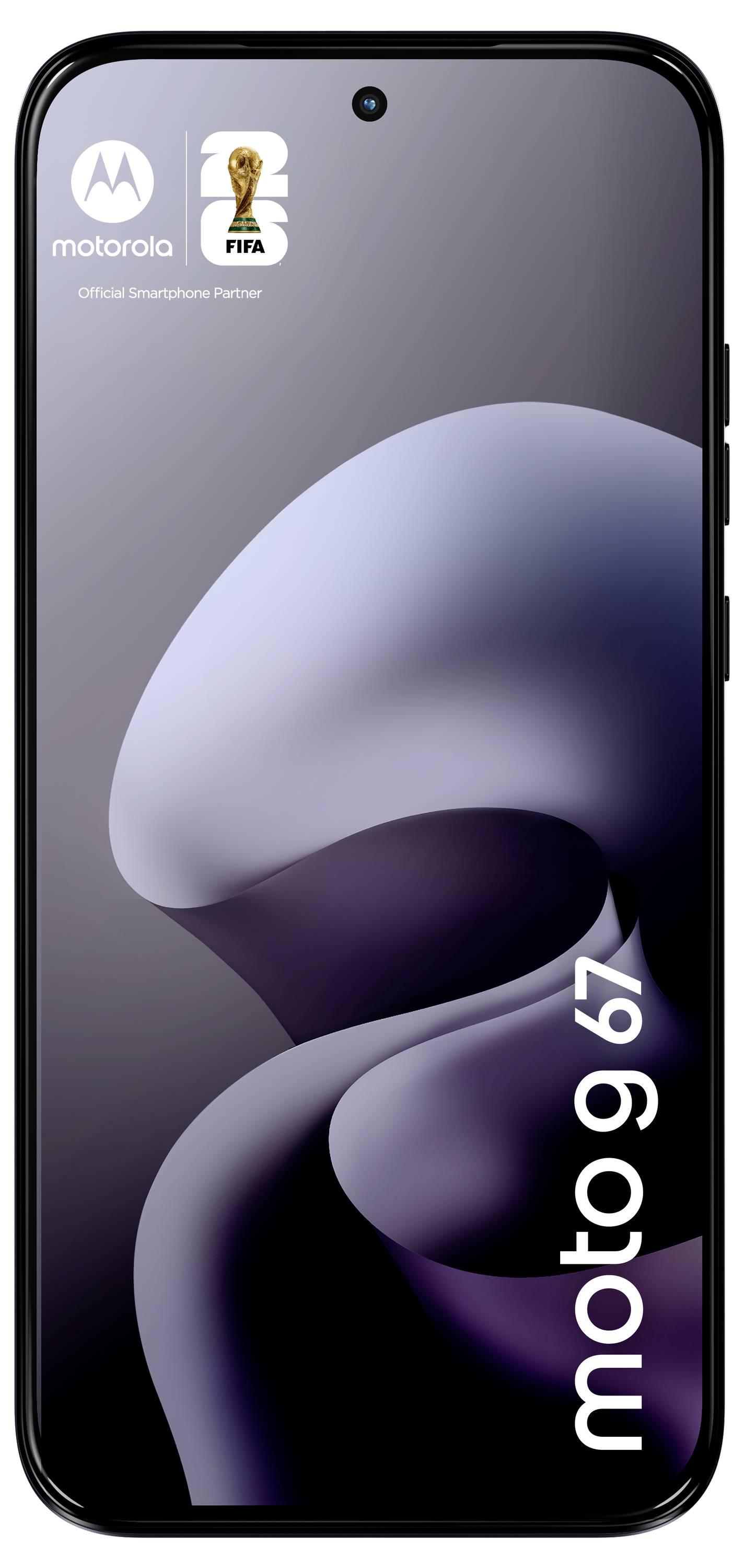 Smartphone mit Motorola-Logo und FIFA-Branding. „moto g67