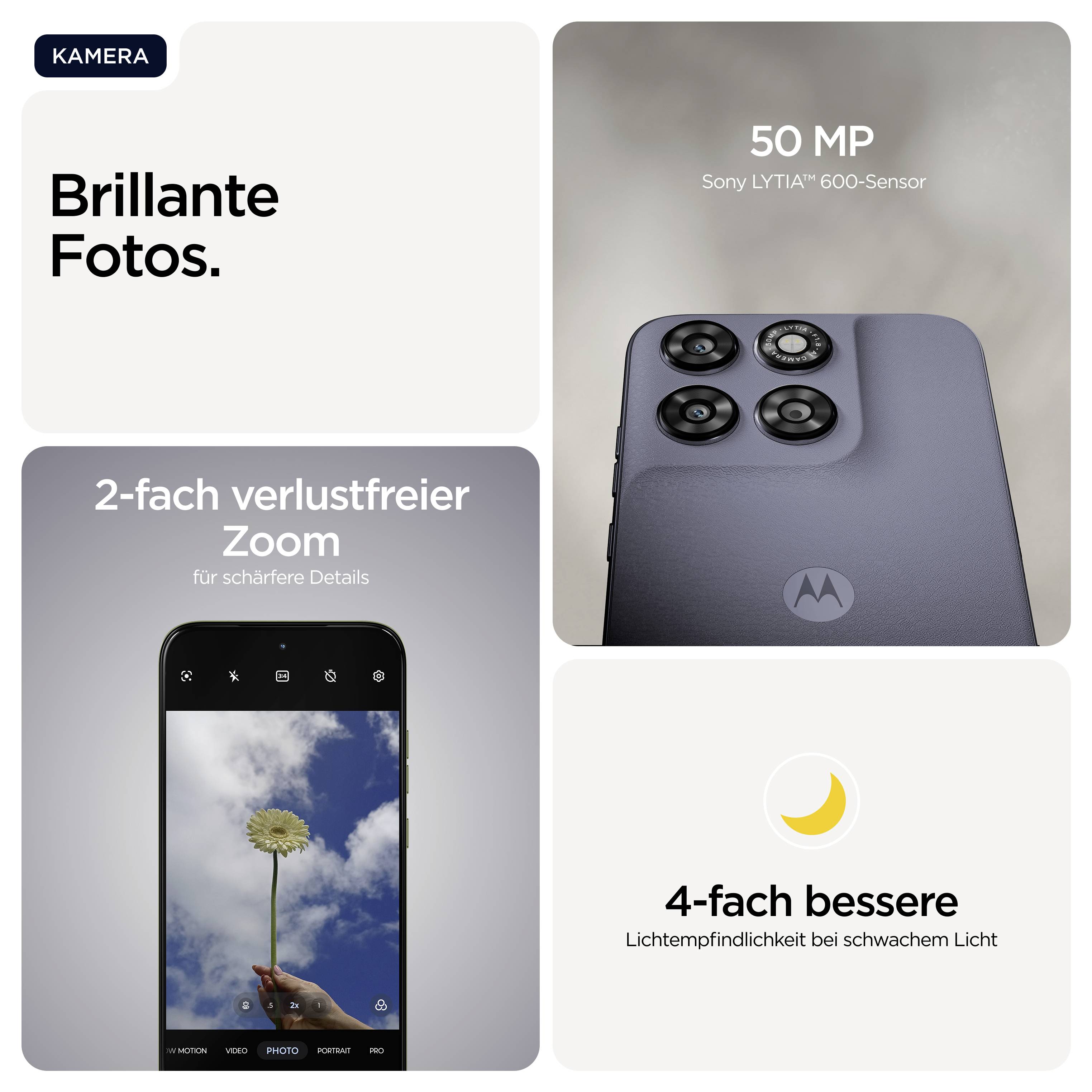 Kamera mit 50 MP Sony LYTIA™ 600-Sensor für brillante Fotos, 2-fach verlustfreier Zoom, 4-fach bessere Lichtempfindlichkeit bei schwachem Licht. Beispielbild: Blume vor Himmel.