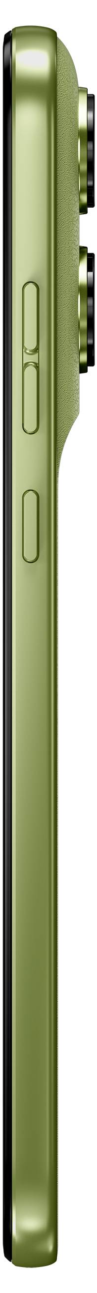 Seitenansicht eines grünen Smartphones mit Lautstärke- und Ein-/Ausschalter, wobei die hinteren Kameralinsen leicht auf der Rückseite hervorragen.