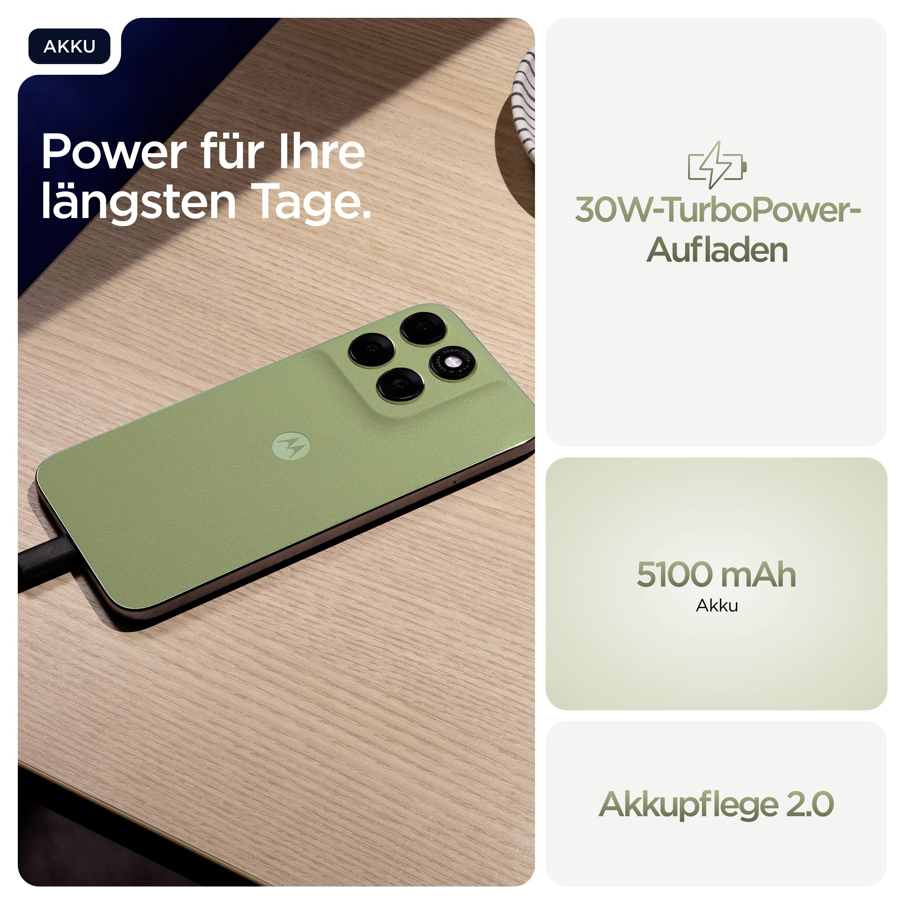 Ein grünes Smartphone lädt auf einem Tisch. Text: 'Power für Ihre längsten Tage', '30W-TurboPower-Aufladen', '5100 mAh Akku', 'Akkupflege 2.0'.