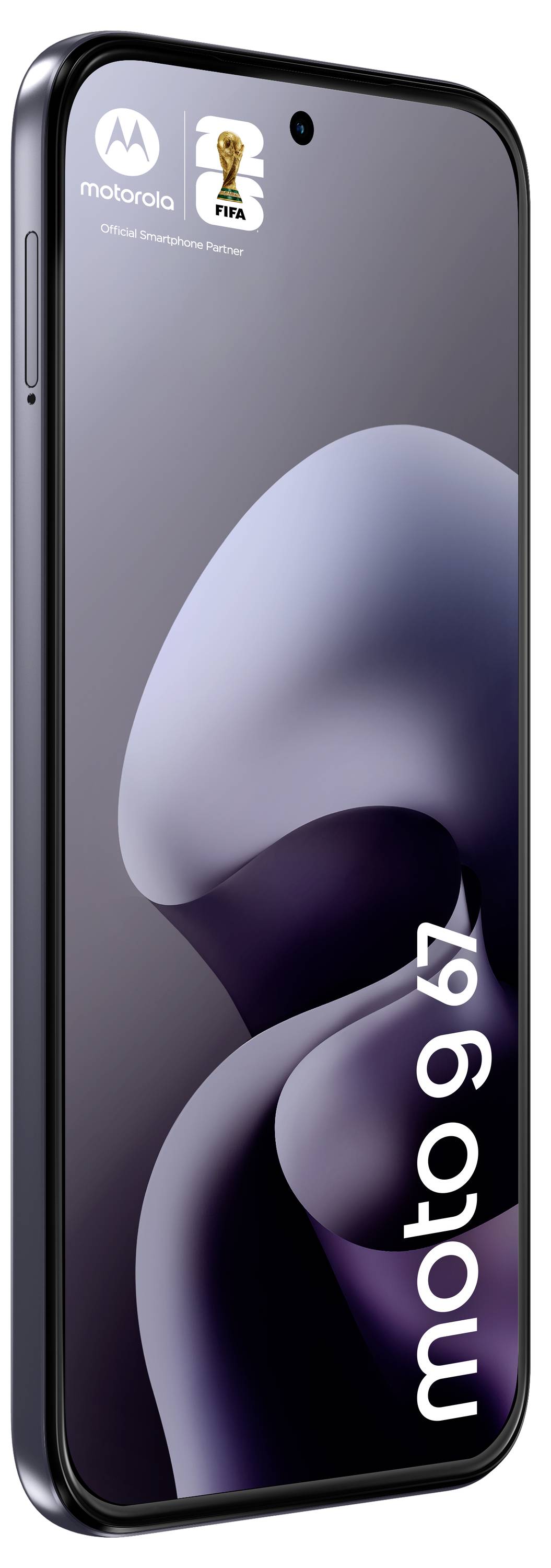 Ein Smartphone zeigt ein geschwungenes abstraktes Hintergrundbild auf dem Bildschirm mit 