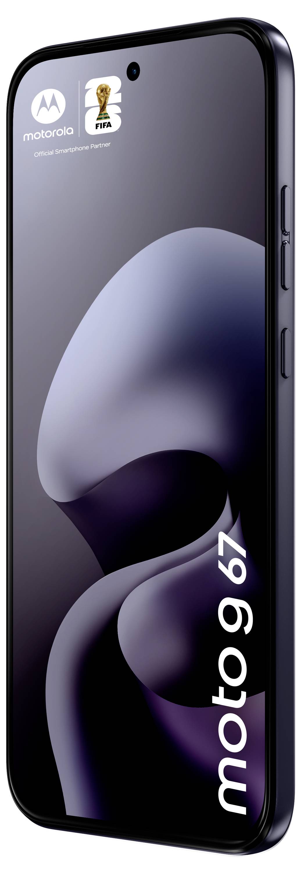 Smartphone mit den Logos von Motorola und der FIFA Fußball-Weltmeisterschaft auf dem Bildschirm, mit dem Titel „moto g 6z