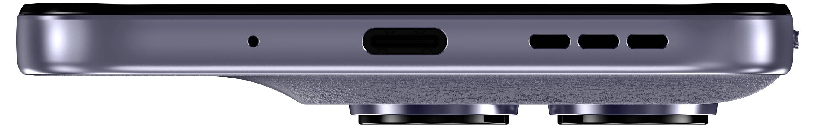 Seitenansicht eines Smartphones mit blauem Metallicfinish, das die aus der Rückseite hervorstehenden Kameraobjektive und den Ladeanschluss hervorhebt.