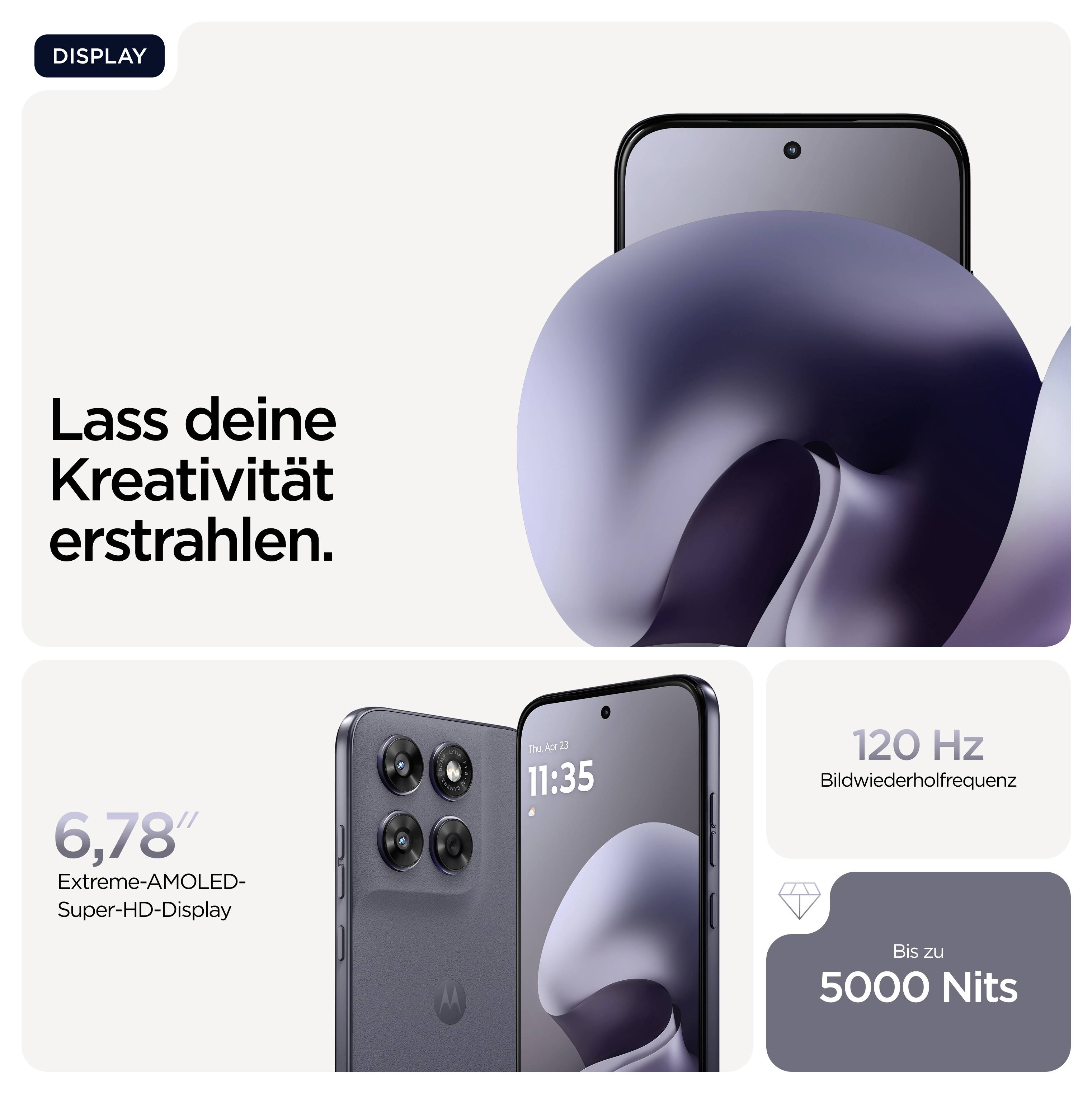 Ein Smartphone mit großem Display wird beworben. Text: 'Lass deine Kreativität erstrahlen'. Spezifikationen: 6,78