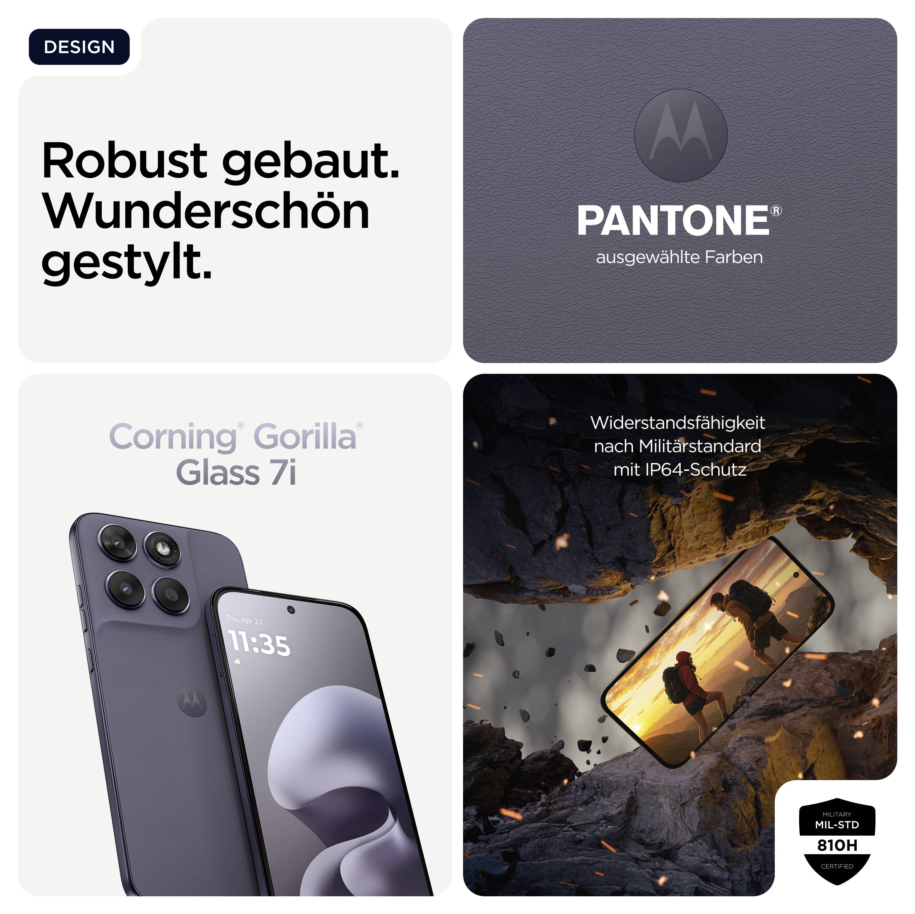 'Robust gebaut. Wunderschön gestylt.' Ein Smartphone mit Corning Gorilla Glass 7i und ausgewählten Pantone-Farben. Widerstandsfähig nach Militärstandard.
