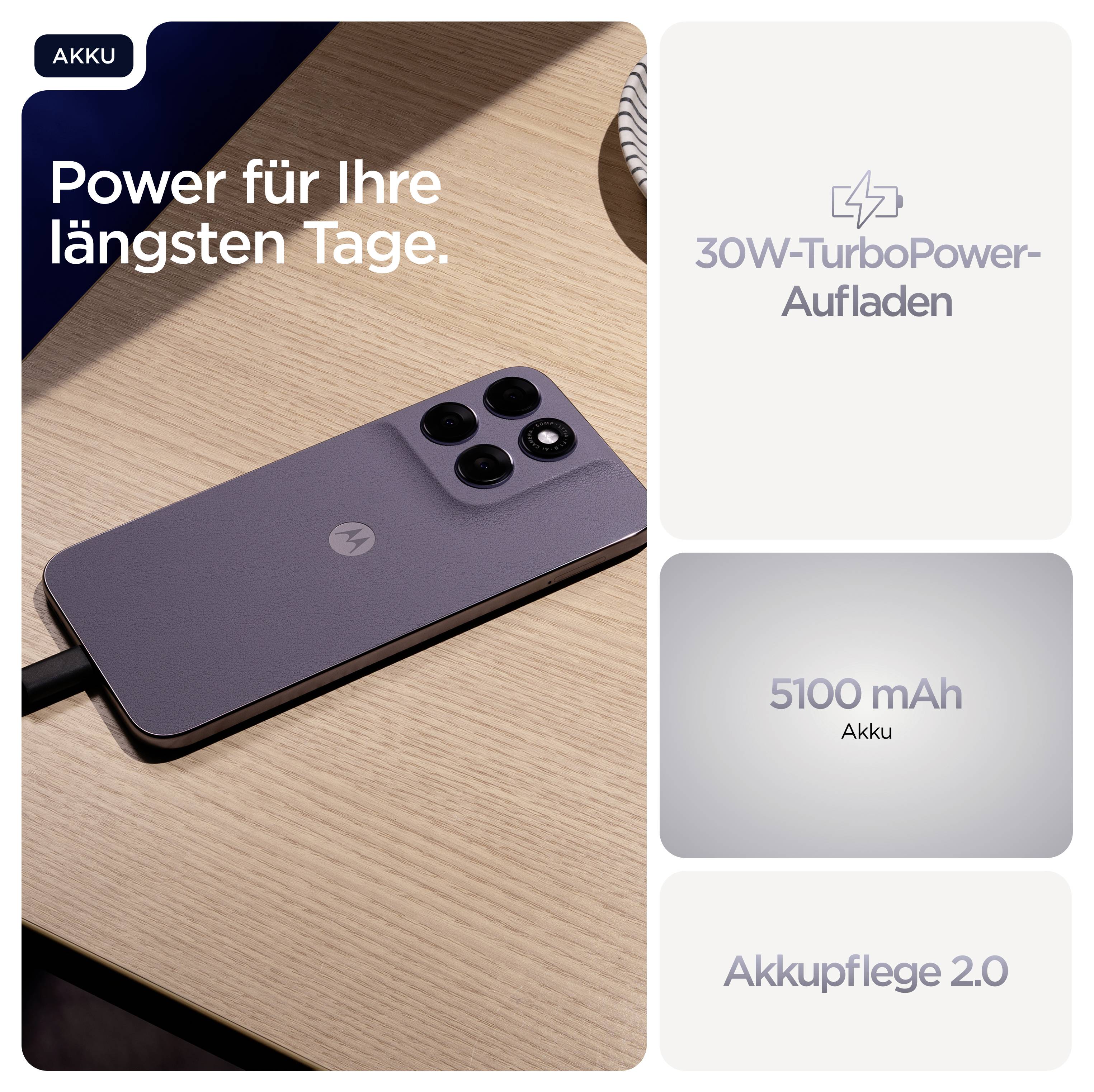 Smartphone auf einem Tisch, verbunden mit einem Kabel. Der Text 'Power für Ihre längsten Tage' hebt Akkuleistung und 30W-Turbo-Laden hervor.