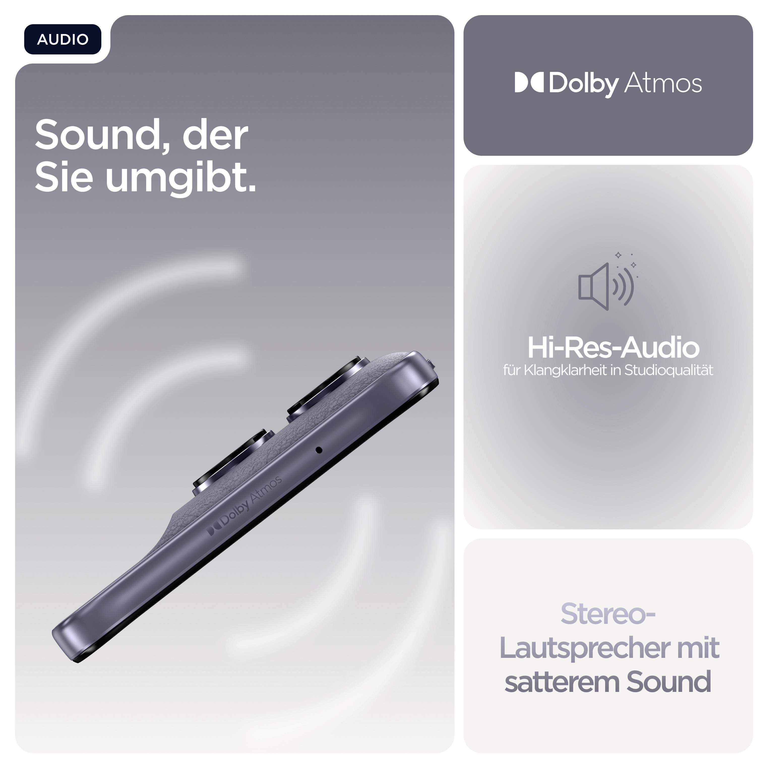 Dolby Atmos und Hi-Res-Audio in Studioqualität. Stereo-Lautsprecher mit sattem Sound. Sound, der Sie umgibt.