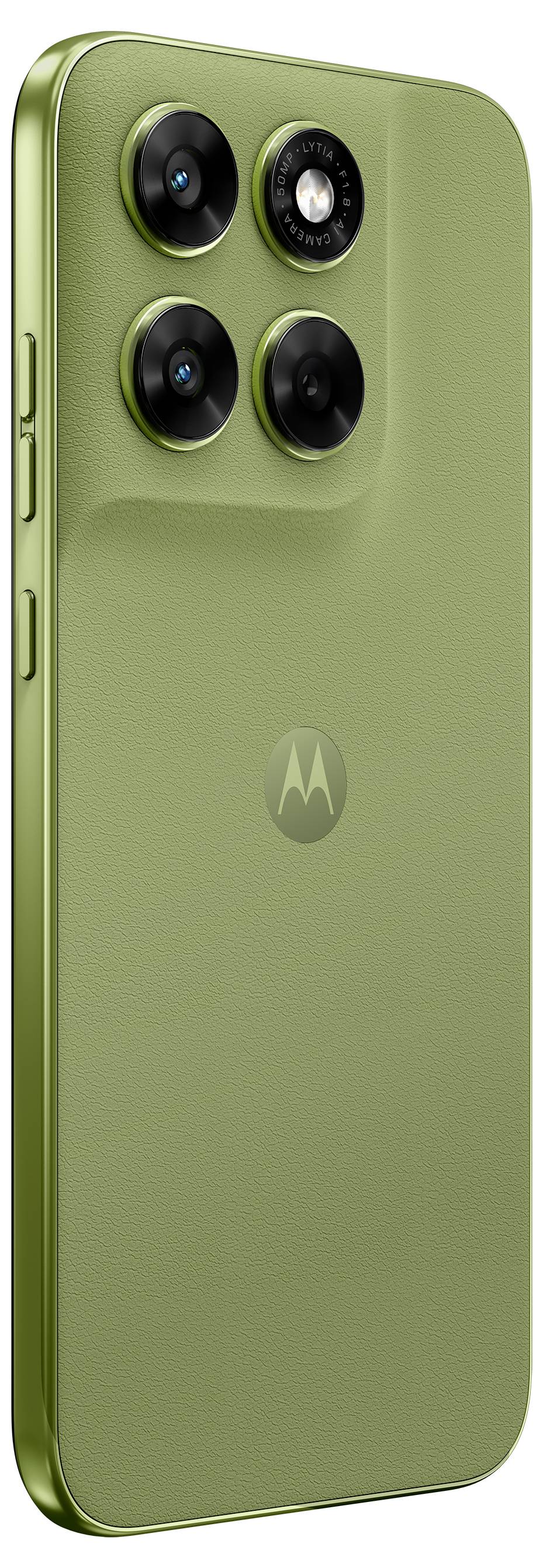 Grünes Smartphone mit matter Oberfläche, ausgestattet mit einer Triple-Kamera-Anordnung in der oberen linken Ecke und einem dezenten Logo in der Mitte.