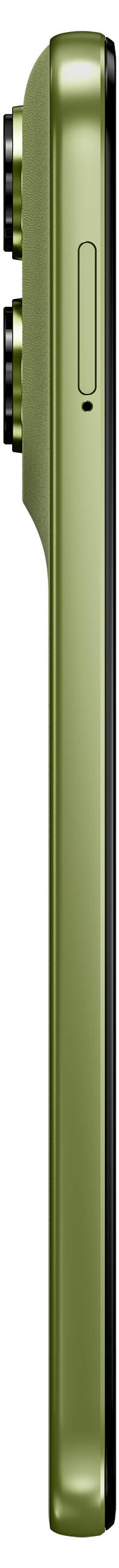 Ein schlankes grünes Smartphone von der Seite betrachtet, das eine Kamerahebung und eine Einschalttaste zeigt.