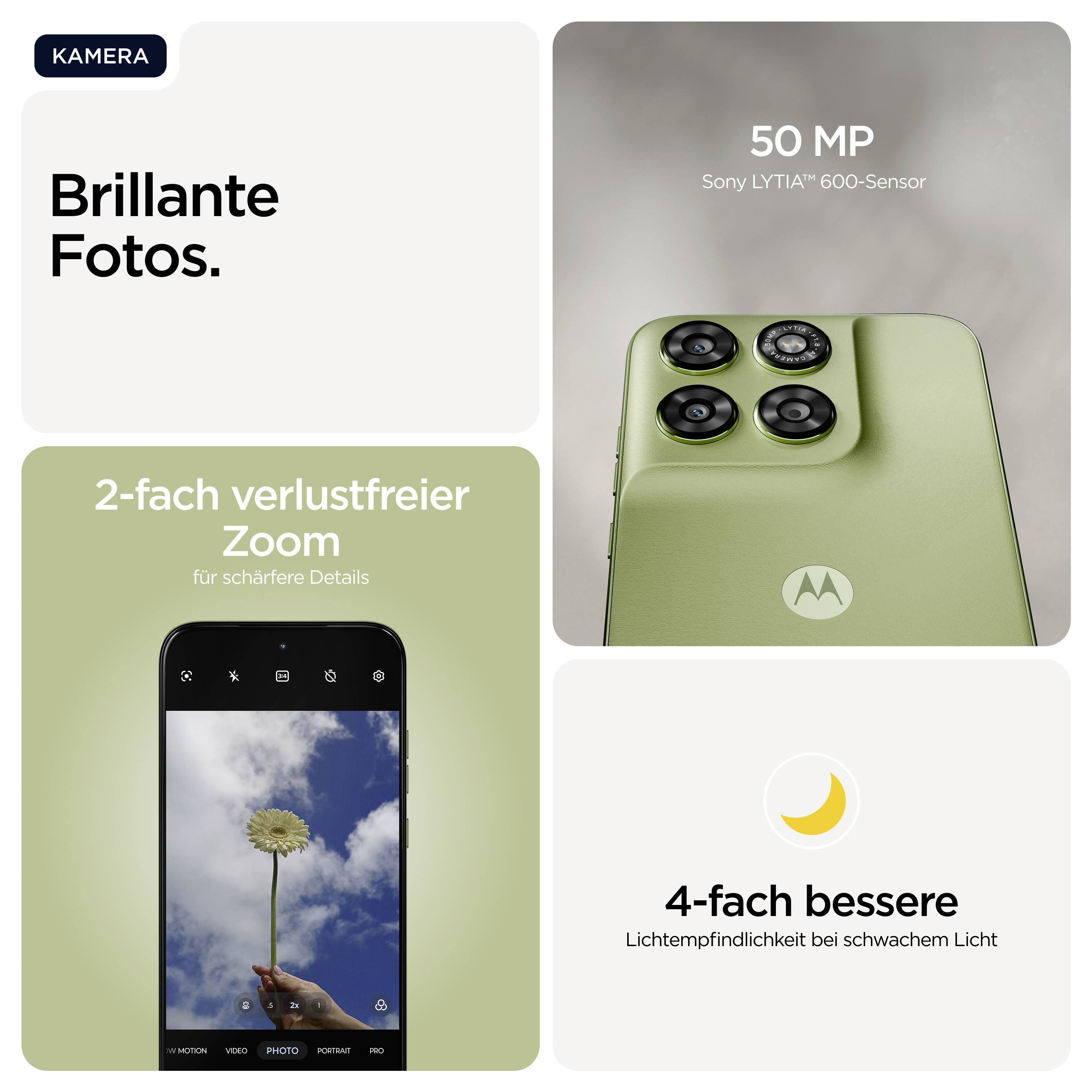 Das Bild zeigt eine Smartphone-Werbung für eine Kamera mit 50 MP Sony Sensor, 2-fach verlustfreiem Zoom und verbesserter Lichtempfindlichkeit.