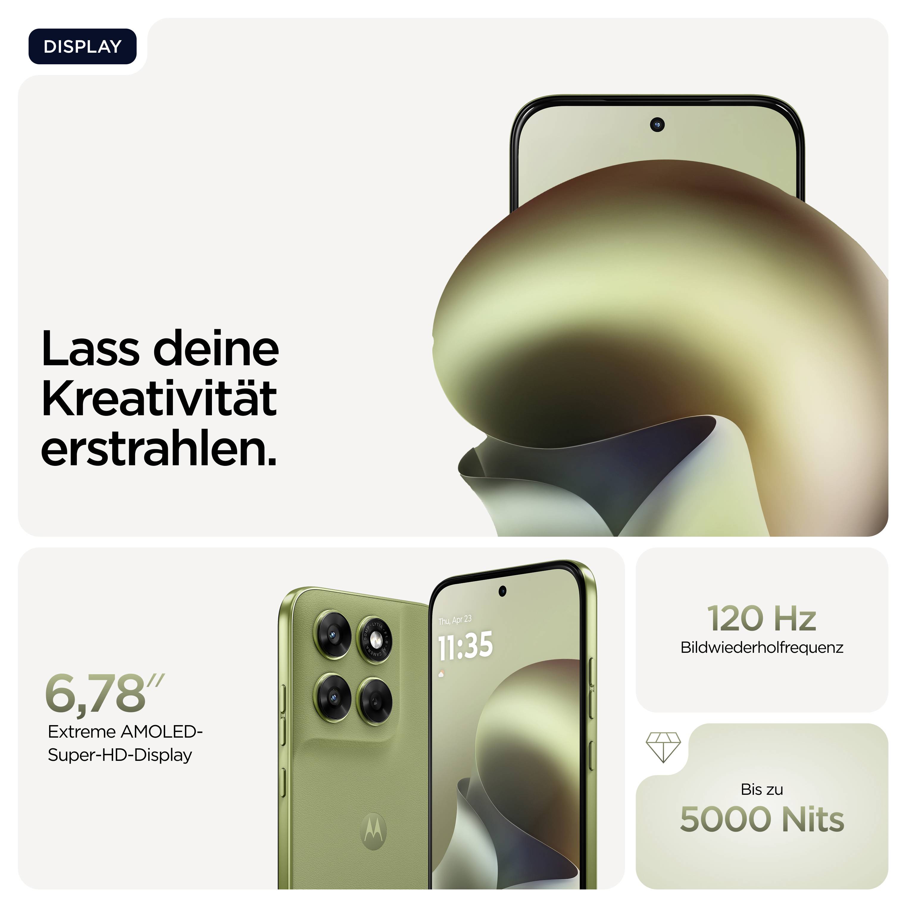 Smartphone-Werbung mit Text: 'Lass deine Kreativität erstrahlen.' Details: 6,78