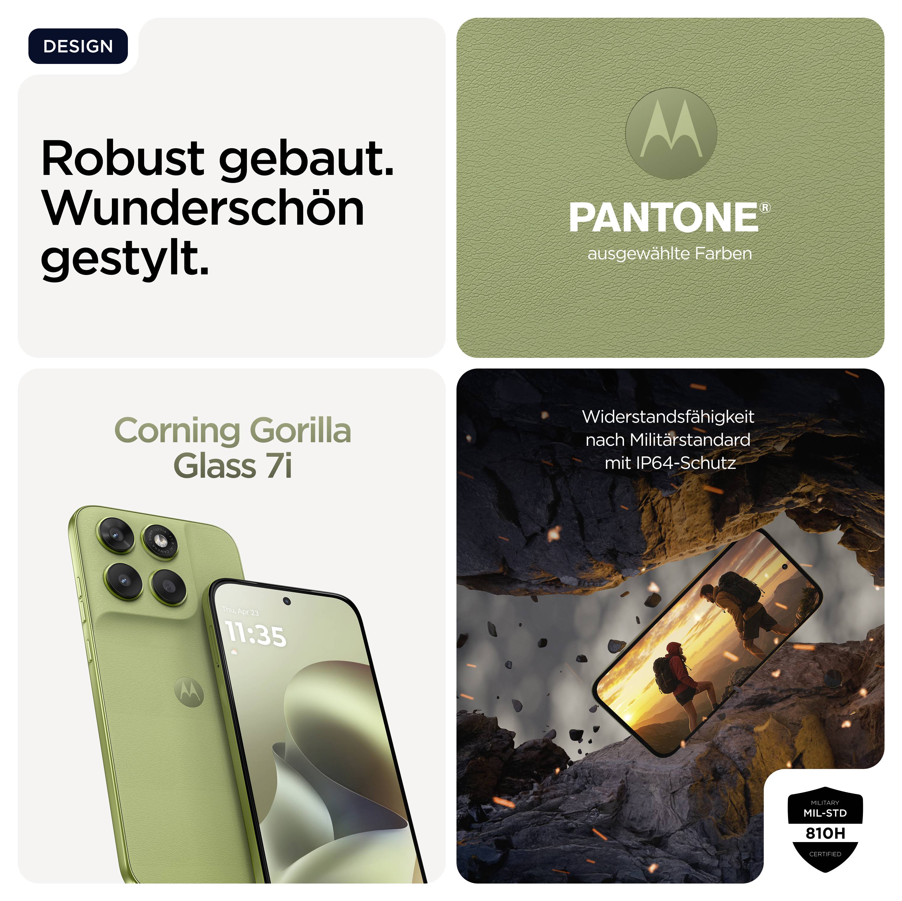 Smartphone-Werbung mit Betonung auf Robustheit und stilvolles Design. Enthält Details zu Corning Gorilla Glass 7i und Militärstandard-Schutz.
