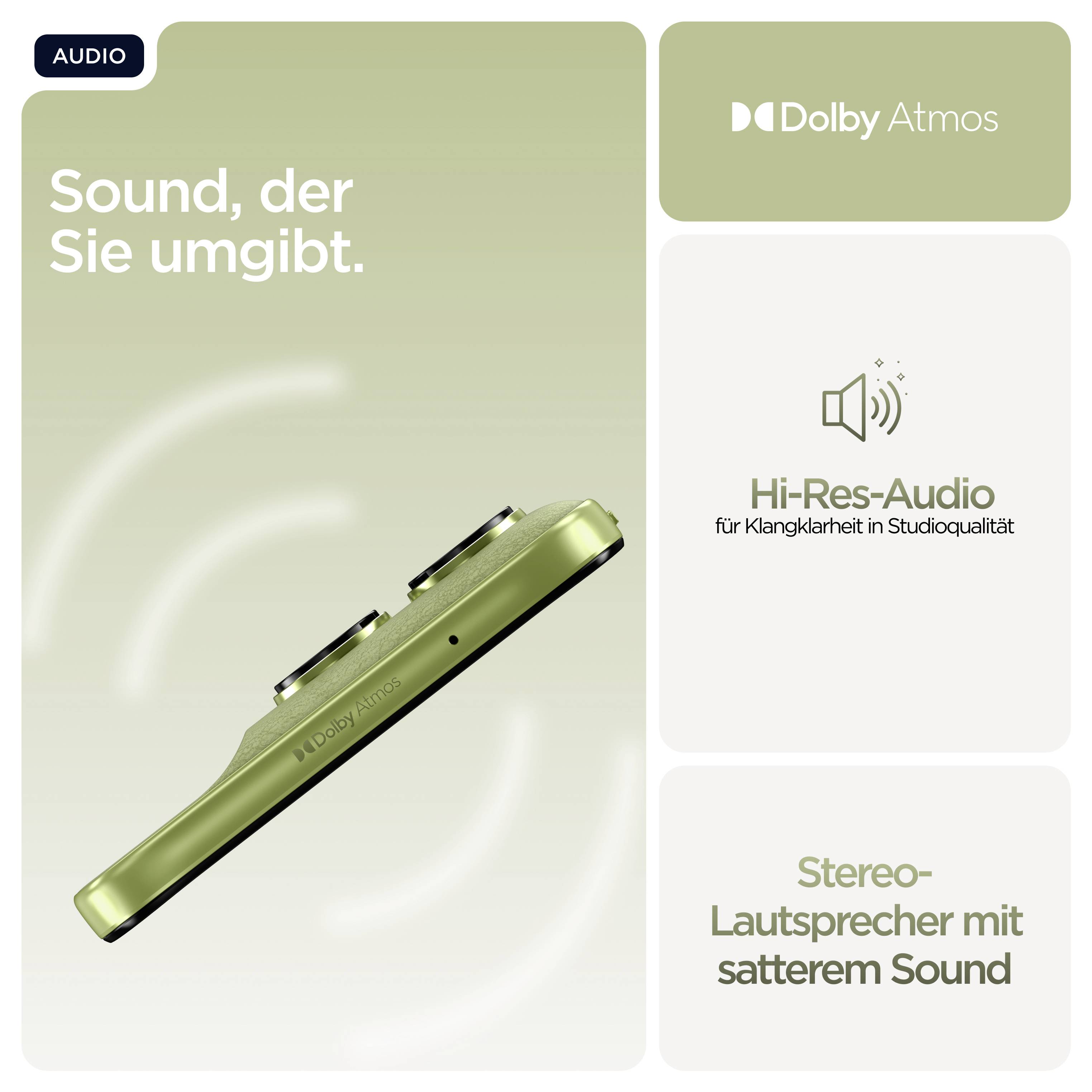 Das Bild zeigt eine Anzeige für Dolby Atmos Audio. Neben einem grünen Gerät stehen die Texte 'Sound, der Sie umgibt' und 'Stereo-Lautsprecher mit satterem Sound'.