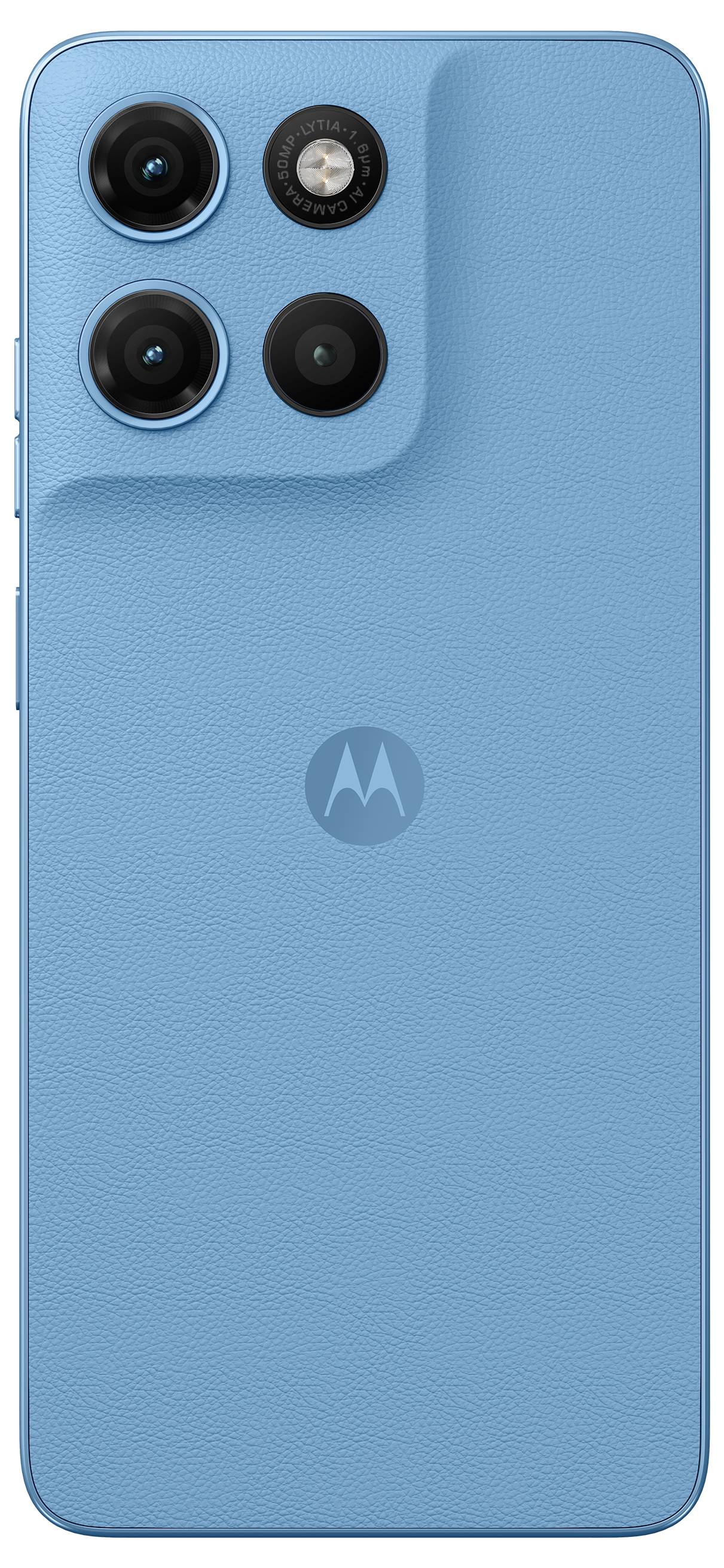 Das Bild zeigt die Rückseite eines blauen Smartphones mit drei Kameraobjektiven und einem Motorola-Logo in der Mitte.