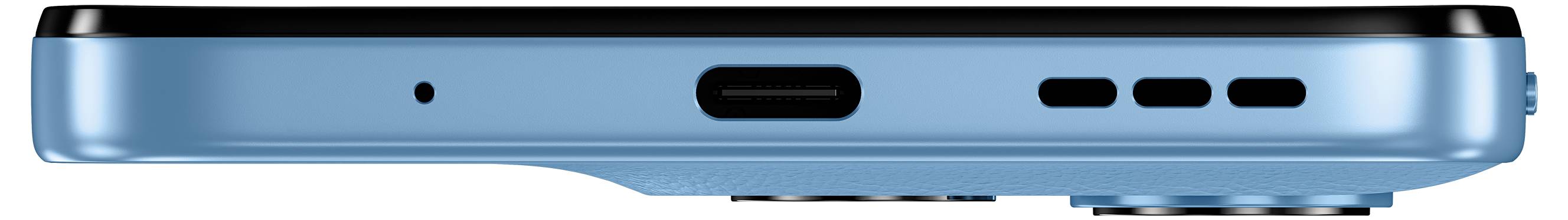 Seitenansicht eines blauen Smartphones mit Ladeanschluss, Lautsprechergittern und Kamerabuckel.