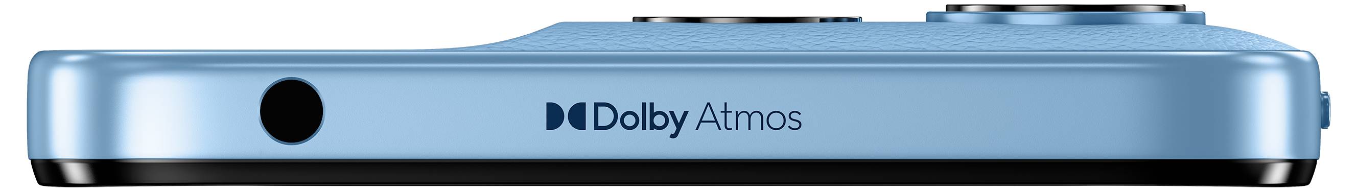 Ein blaues tragbares Gerät mit zwei kreisförmigen Elementen oben und dem Logo „Dolby Atmos