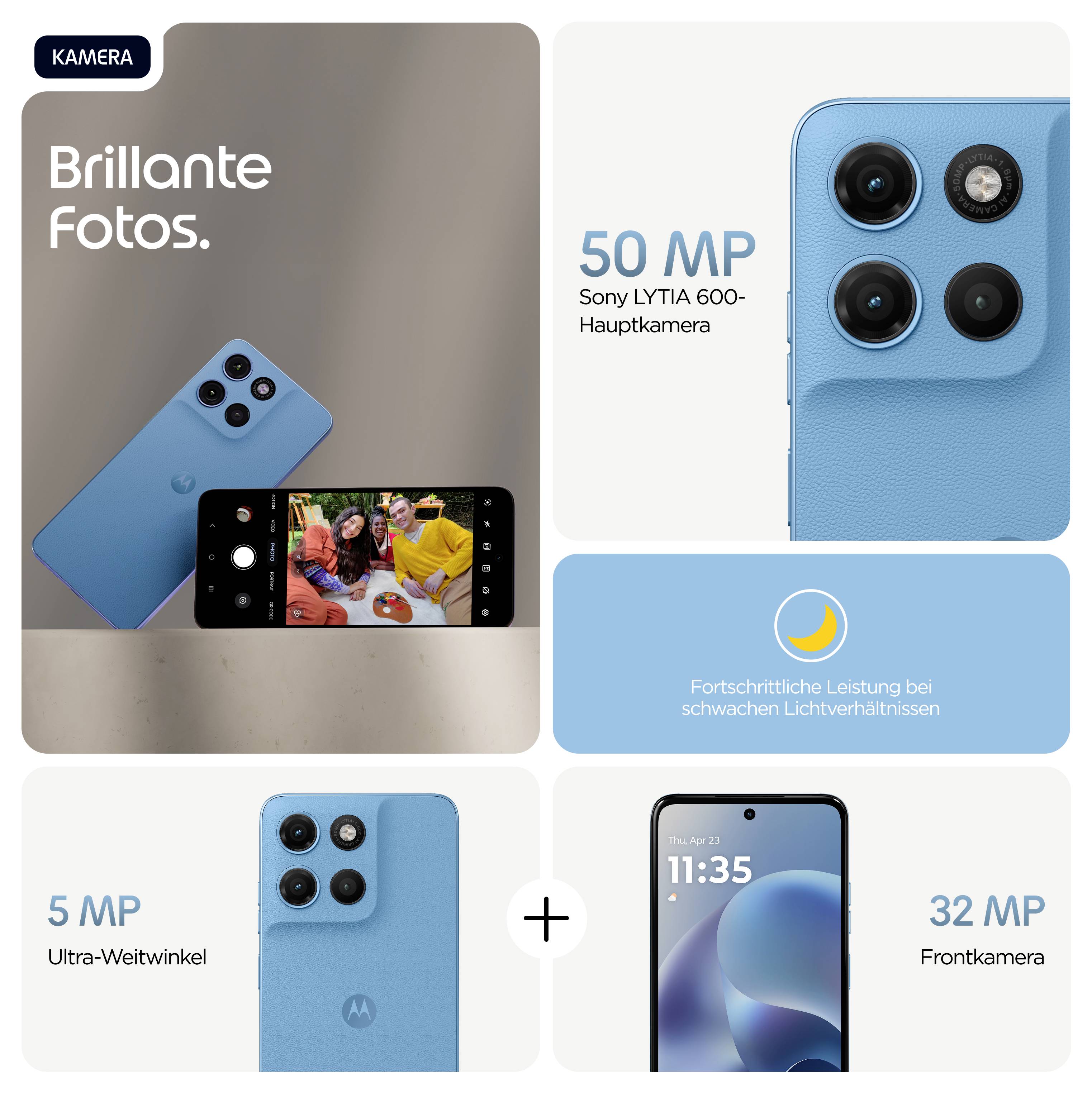 Kollage eines blauen Smartphones mit Kameraspezifikationen: 50 MP Hauptkamera, 5 MP Ultra-Weitwinkel, 32 MP Frontkamera. 