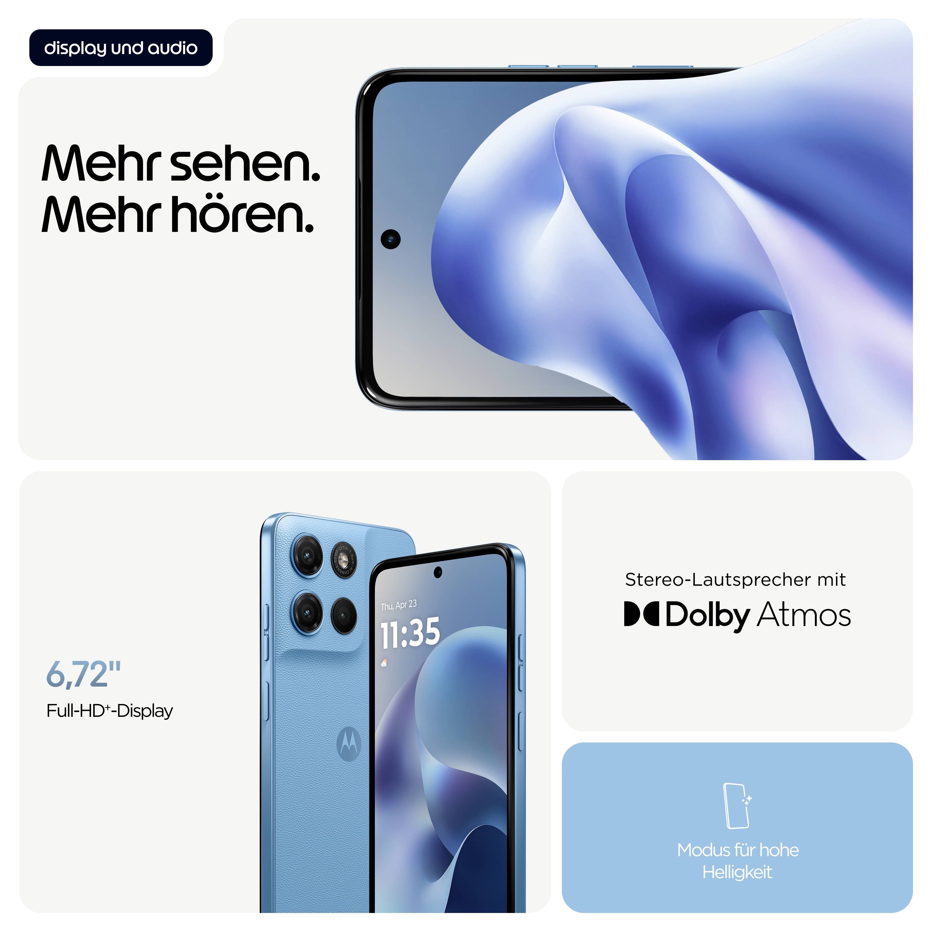Smartphone mit 6,72' Full-HD-Display und Stereo-Lautsprechern mit Dolby Atmos. Bild zeigt Vorder- und Rückseite in Blau.